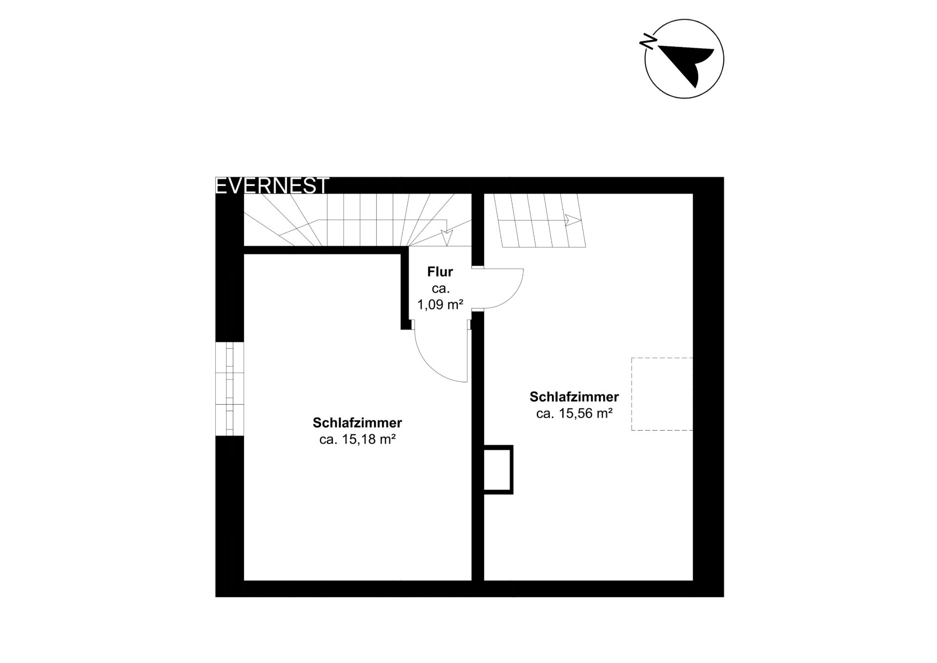 Grundriss mit zwei Schlafzimmern und einem kleinen Flur.