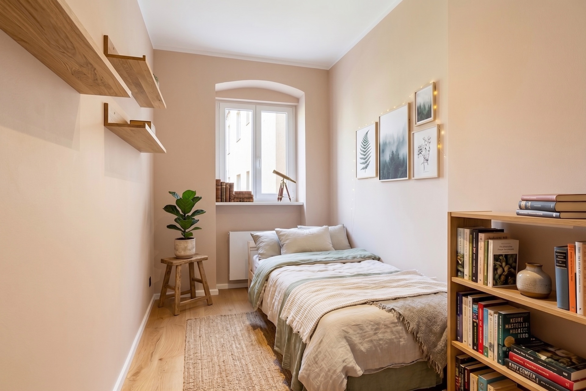 Kleines Schlafzimmer mit Einzelbett, Bücherregal, Pflanze, Wandregalen und Fenster.