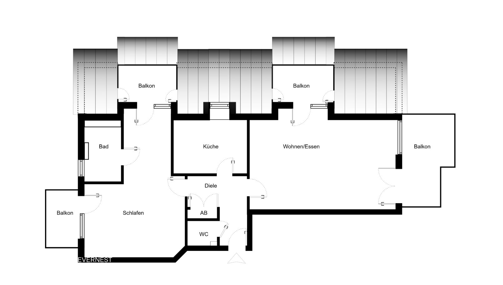 Grundriss einer Wohnung mit Schlafzimmer, Bad, Küche, Wohn-Essbereich, WC und mehreren Balkonen.