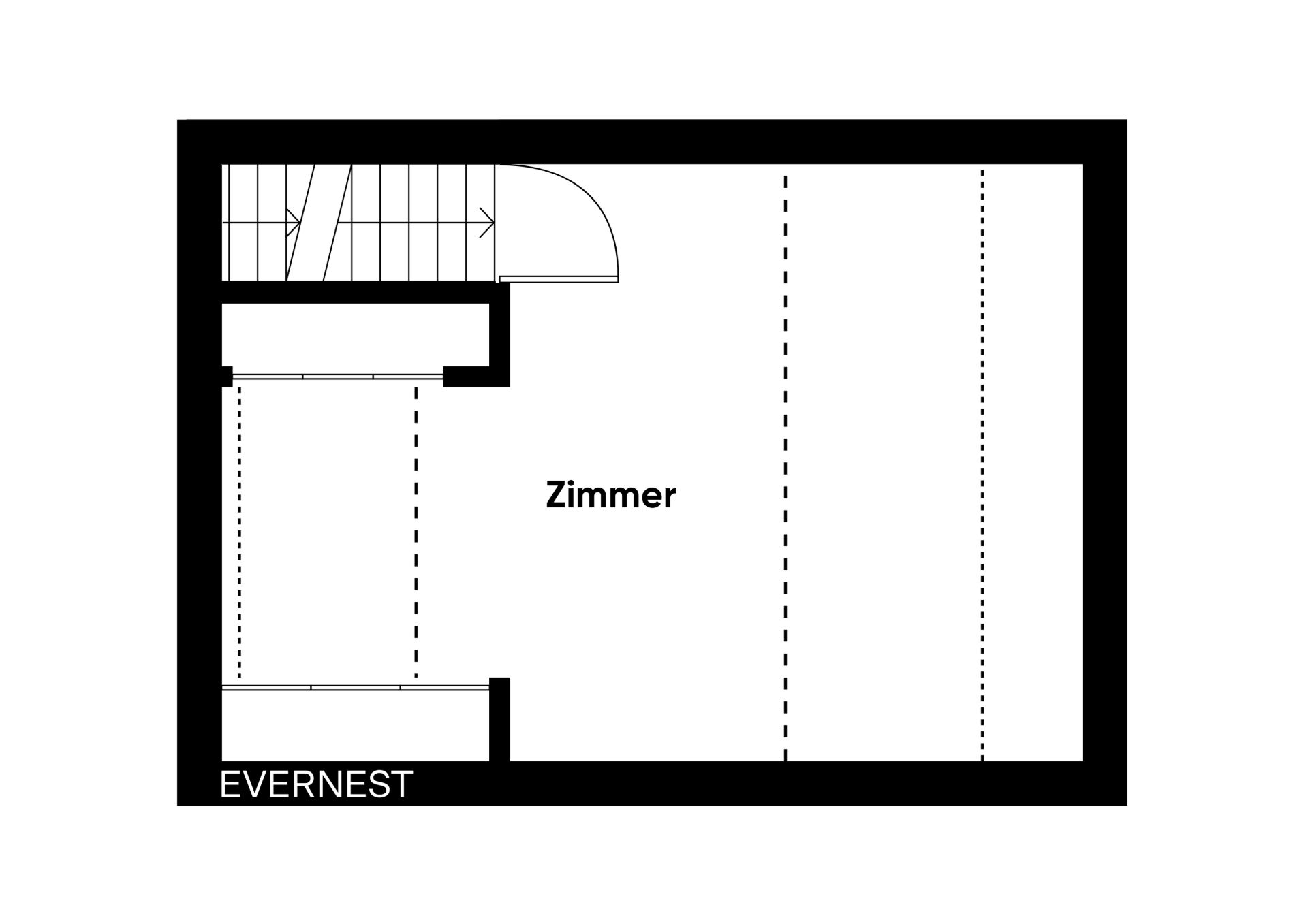 Grundriss eines Zimmers mit eingezeichneter Treppe und Tür.