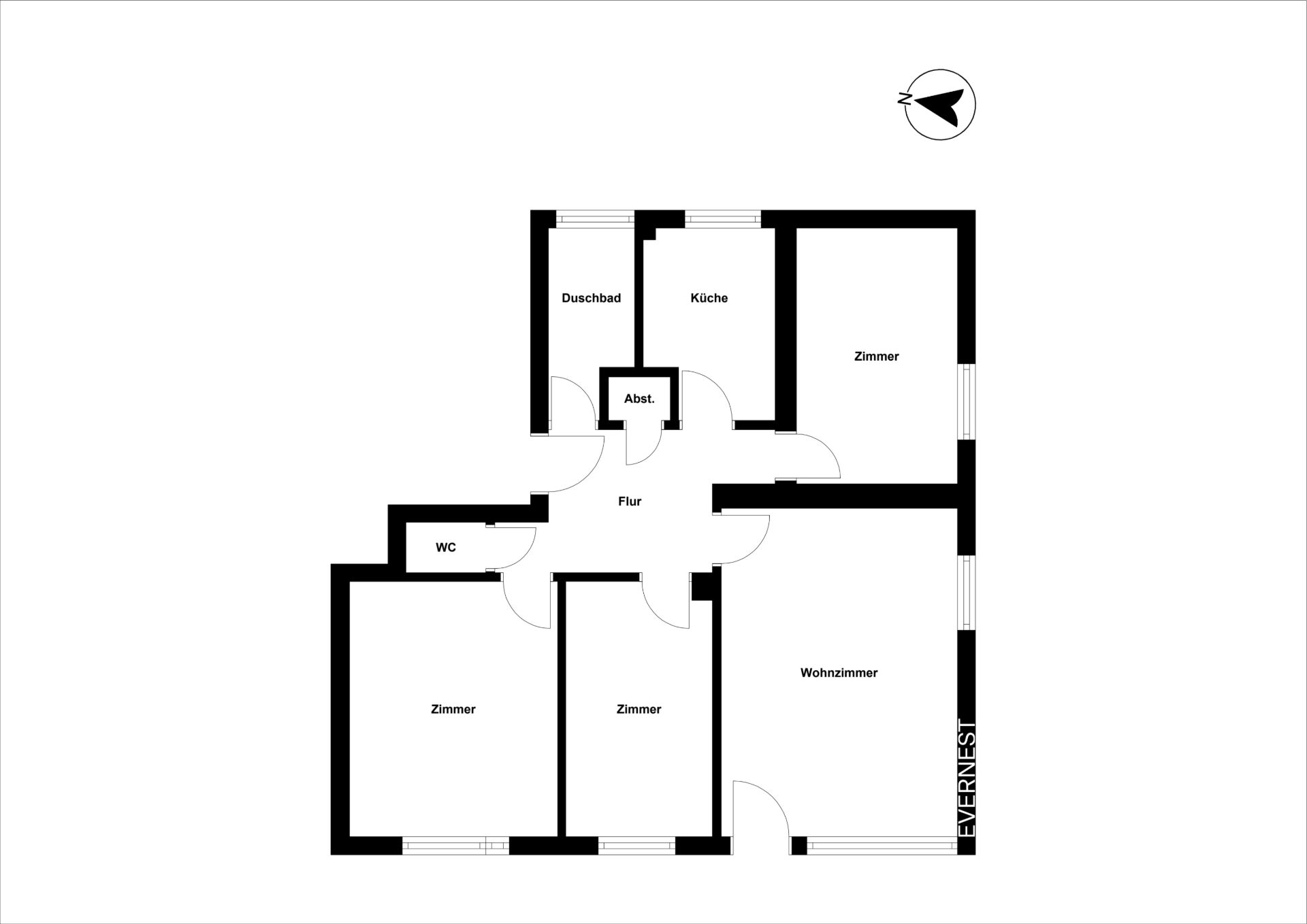 Grundriss einer Wohnung mit Wohnzimmer, Küche, Bad, WC und drei weiteren Zimmern.