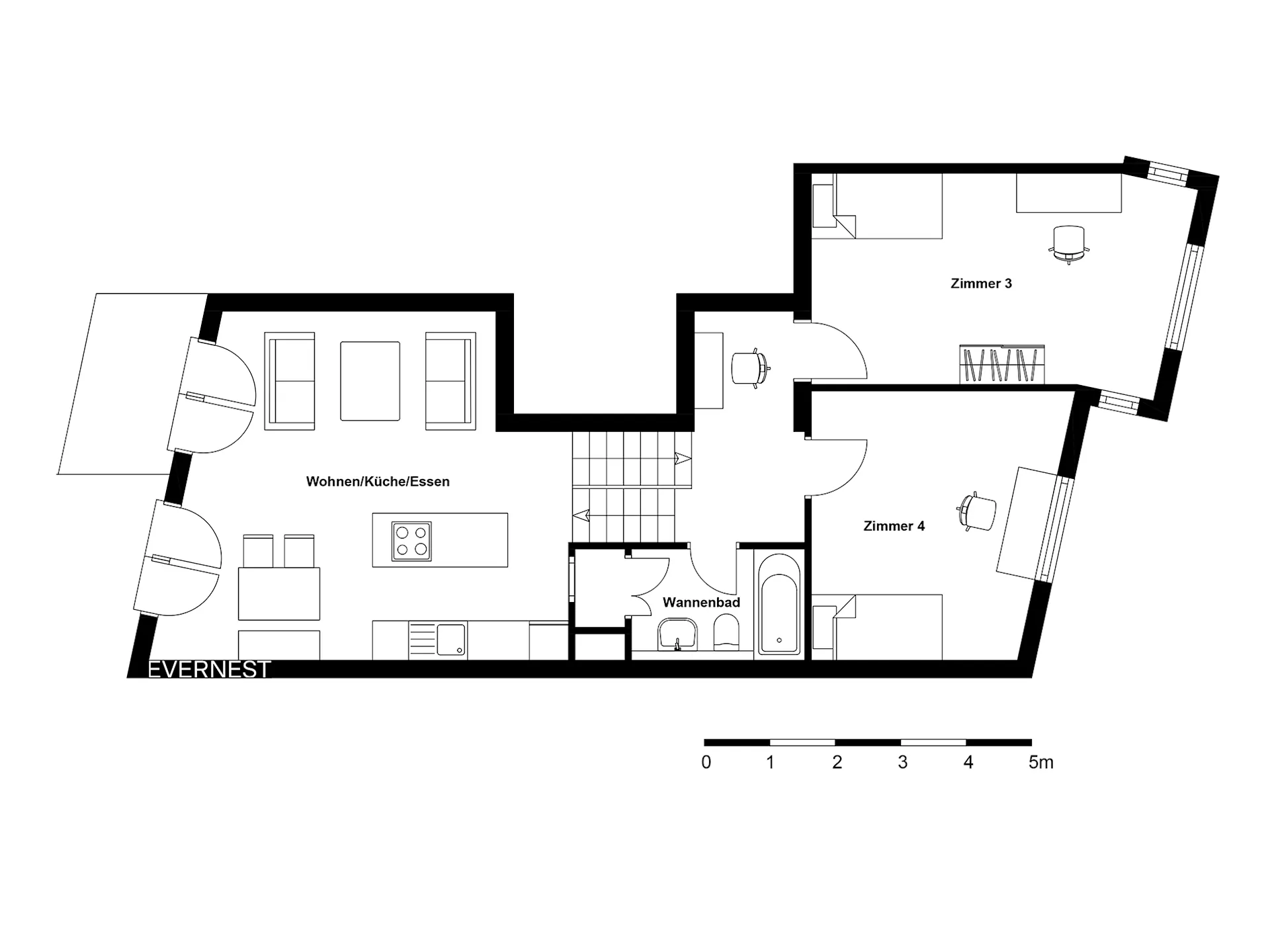 Grundriss einer Wohnung mit offenem Wohnbereich, zwei Zimmern und einem Badezimmer.