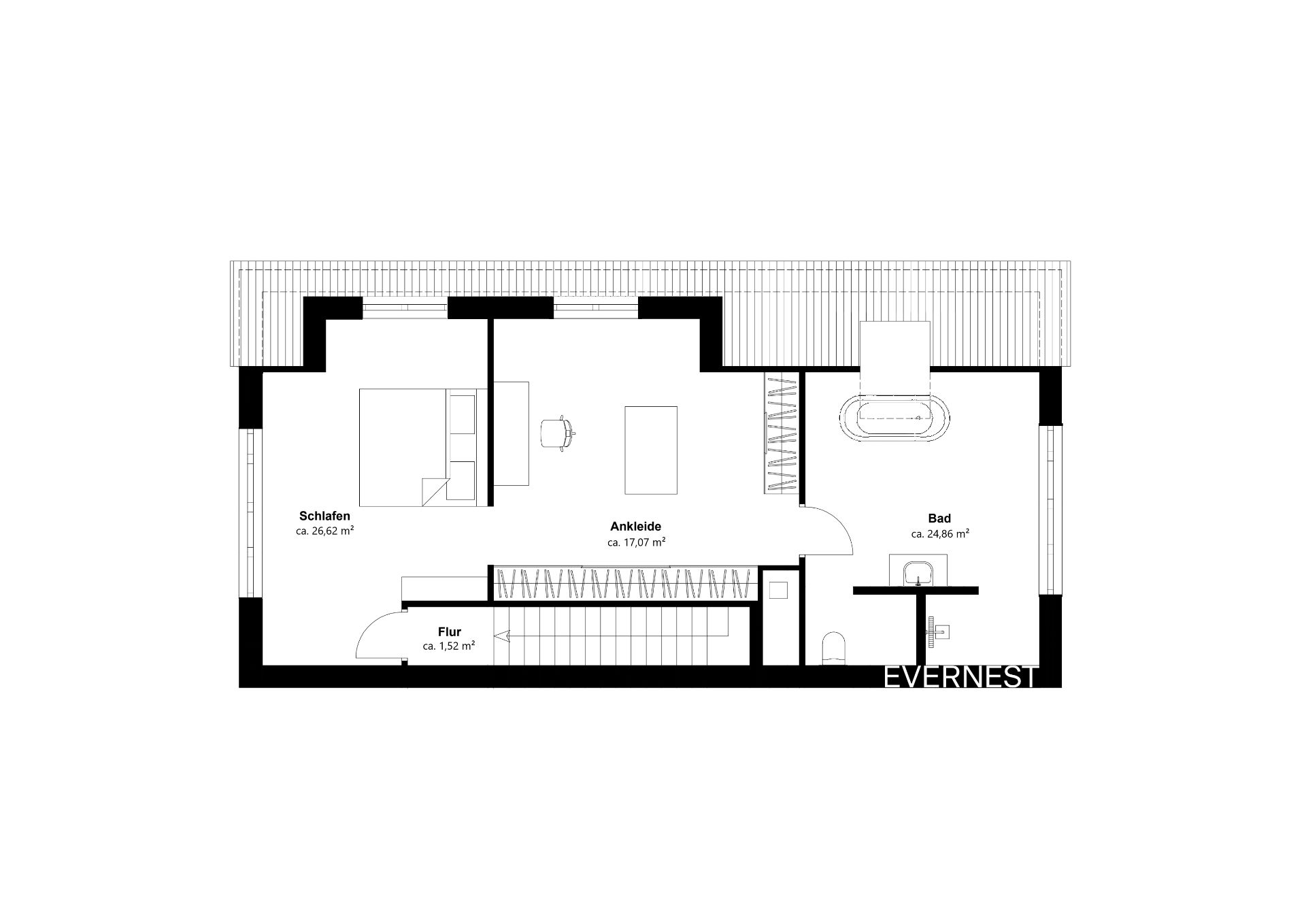 Grundriss mit Schlafzimmer, Ankleide, Bad und Flur, Möbel und Badewanne sind eingezeichnet.