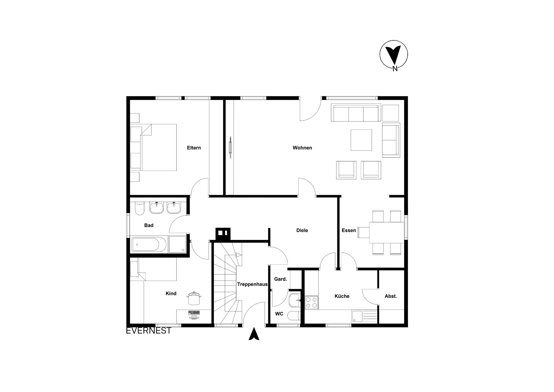 Grundriss einer Wohnung mit Schlafzimmer, Kinderzimmer, Bad, Küche, Wohnzimmer und Essbereich.