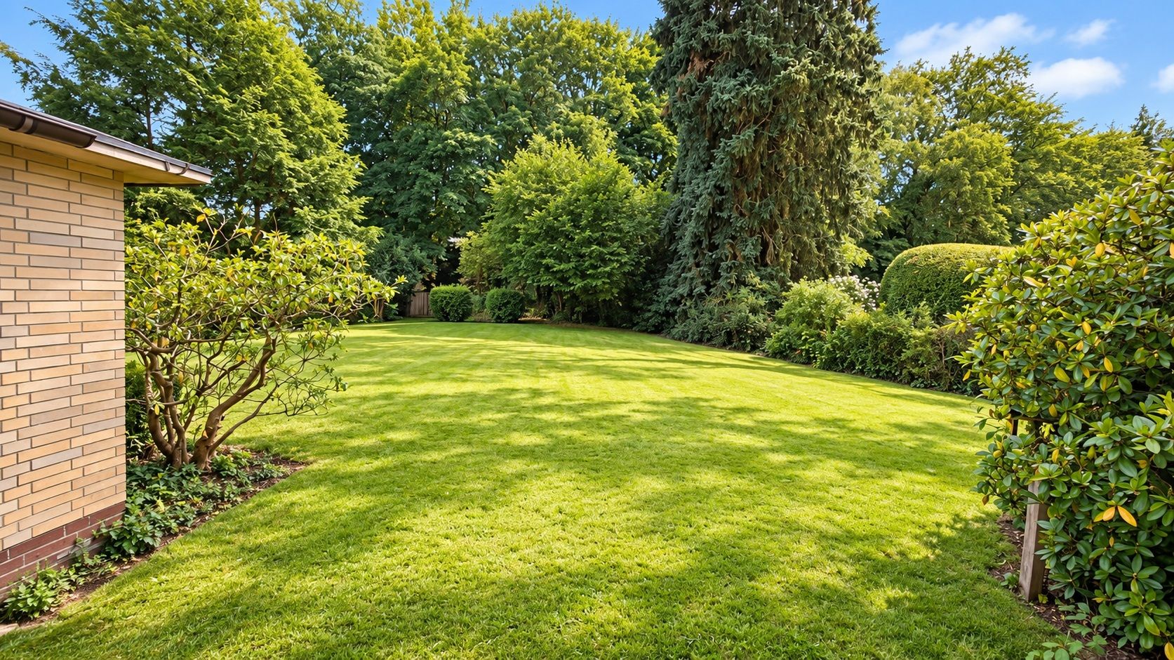 Grüner Garten mit Rasenfläche, Bäumen und Sträuchern, links ein Hausausschnitt.