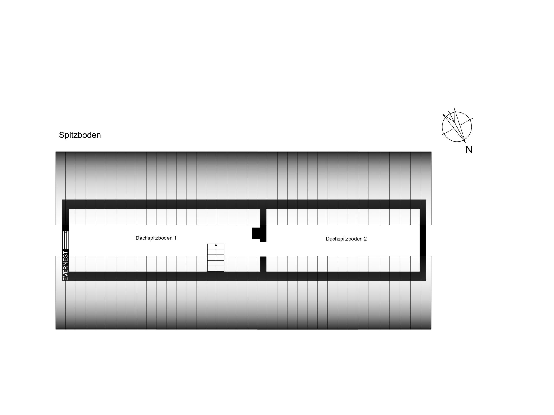 Grundriss eines Dachgeschosses mit zwei abgetrennten Bereichen und Treppe.