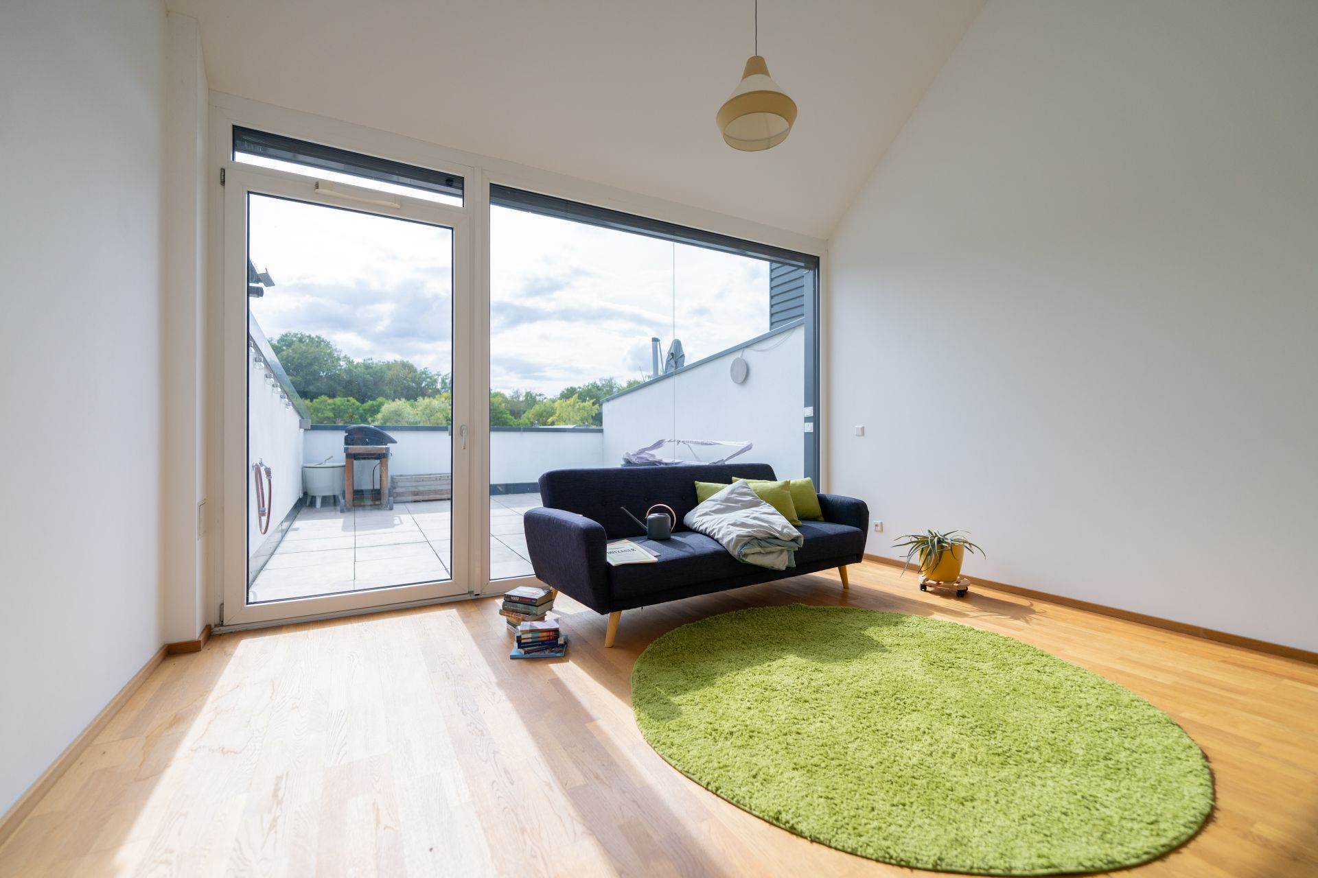 Modernes Wohnzimmer mit Sofa, grünem Teppich und Zugang zu einer Terrasse.