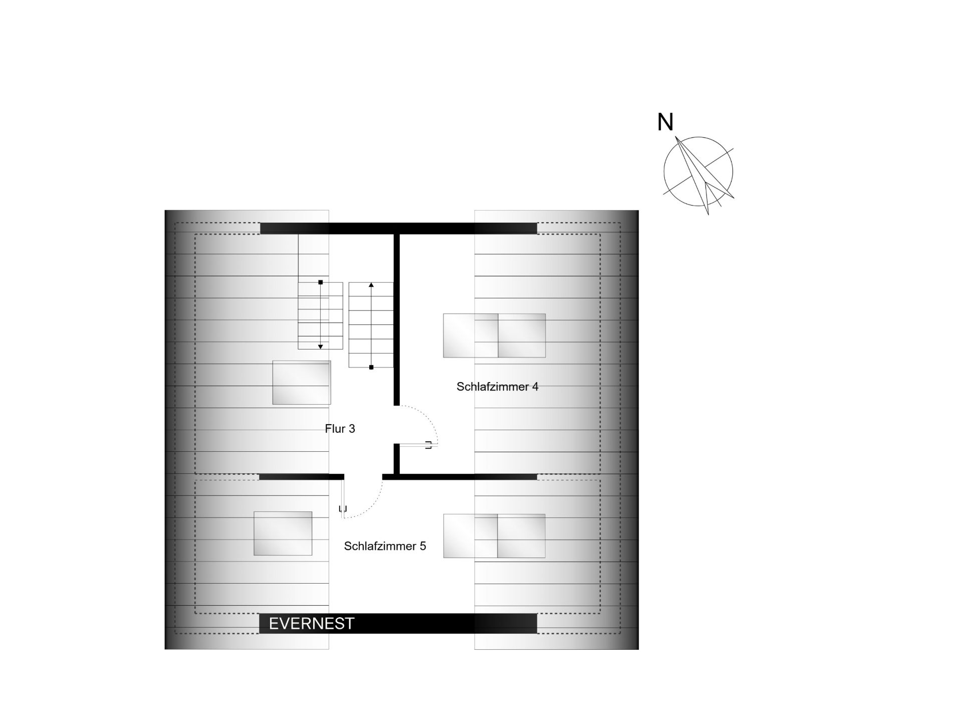 Grundriss mit Flur, Schlafzimmer 4 und Schlafzimmer 5 sowie Treppe und Nordpfeil.
