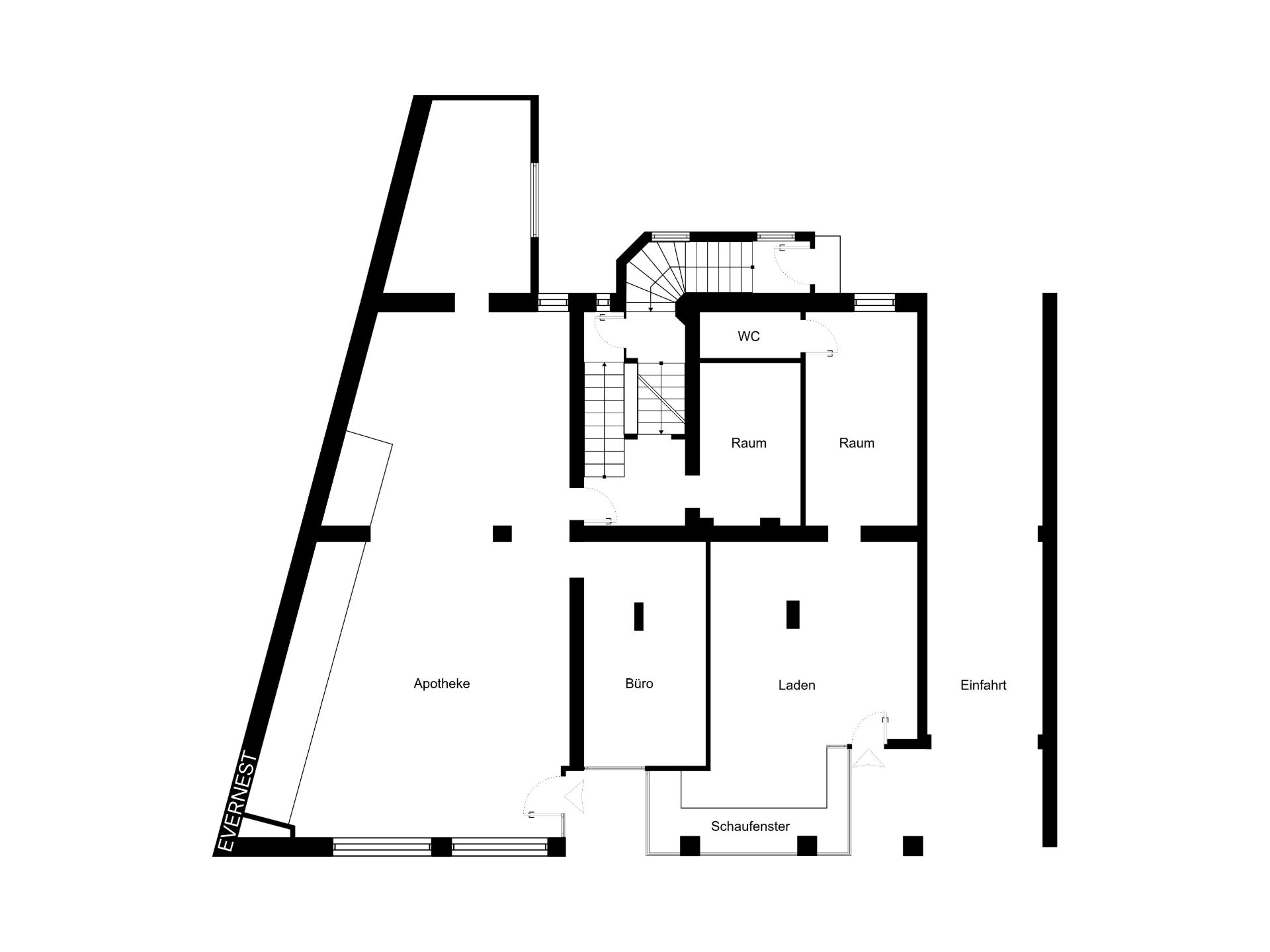 Grundriss eines Gebäudes mit Räumen, Apotheke, Büro, Laden, WC und Schaufenster.