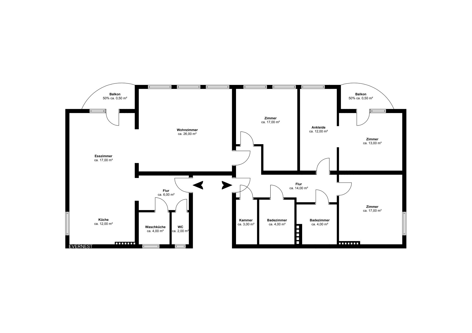 Grundriss einer Wohnung mit mehreren Zimmern, Küche, Bädern, Balkonen und Fluren.