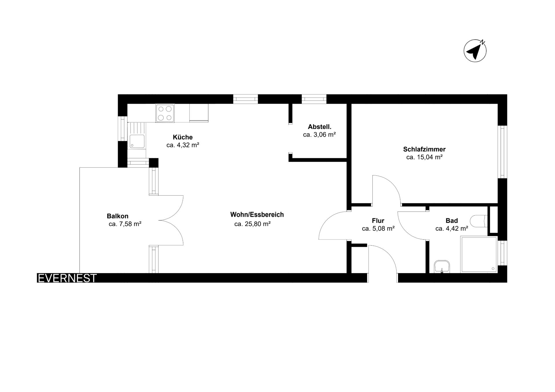 Grundriss einer Wohnung mit Balkon, Wohnzimmer, Küche, Abstellraum, Schlafzimmer, Flur und Bad.