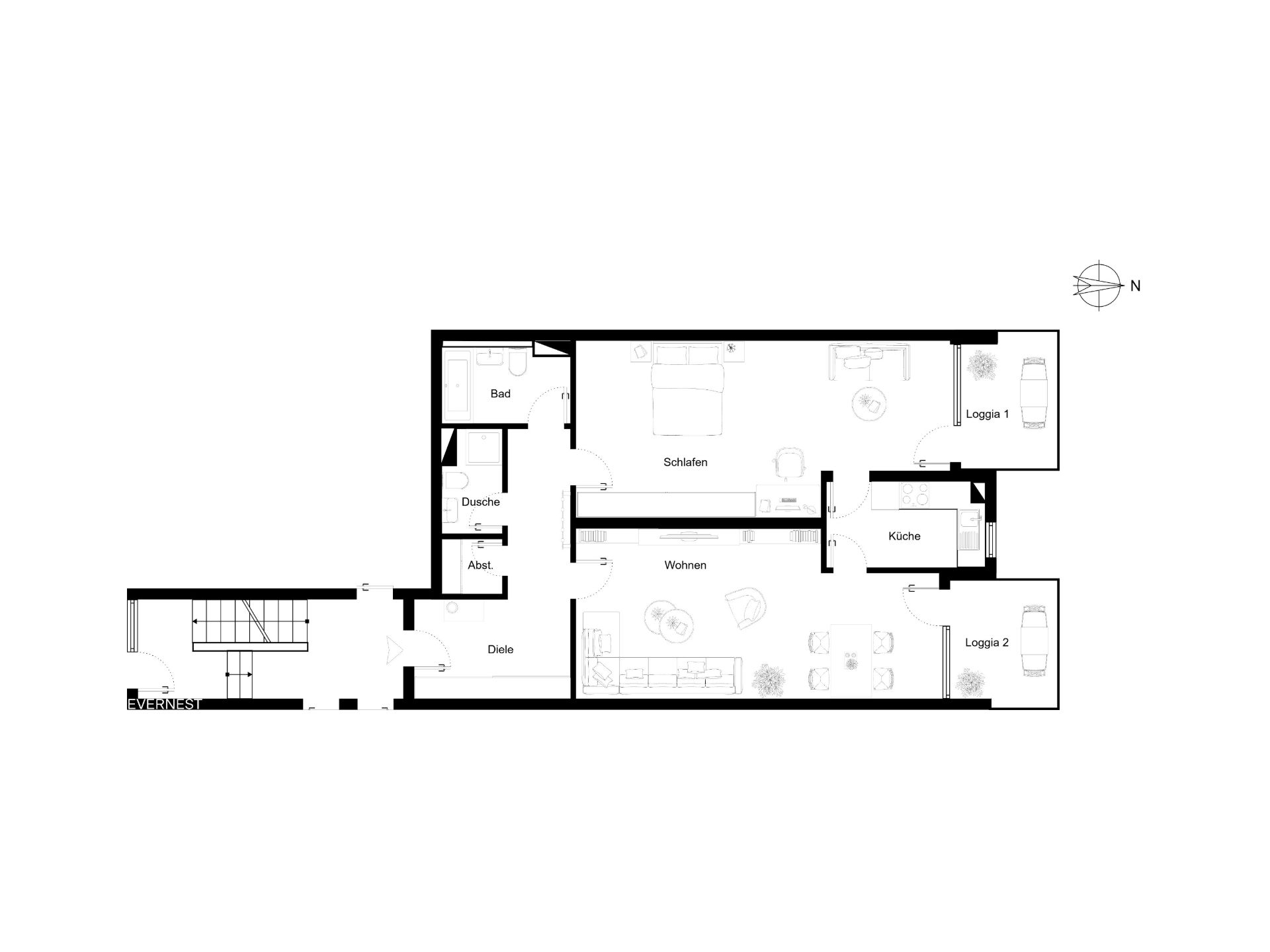 Grundriss einer Wohnung mit Schlafzimmer, Wohnzimmer, Küche, Bad und zwei Loggien.