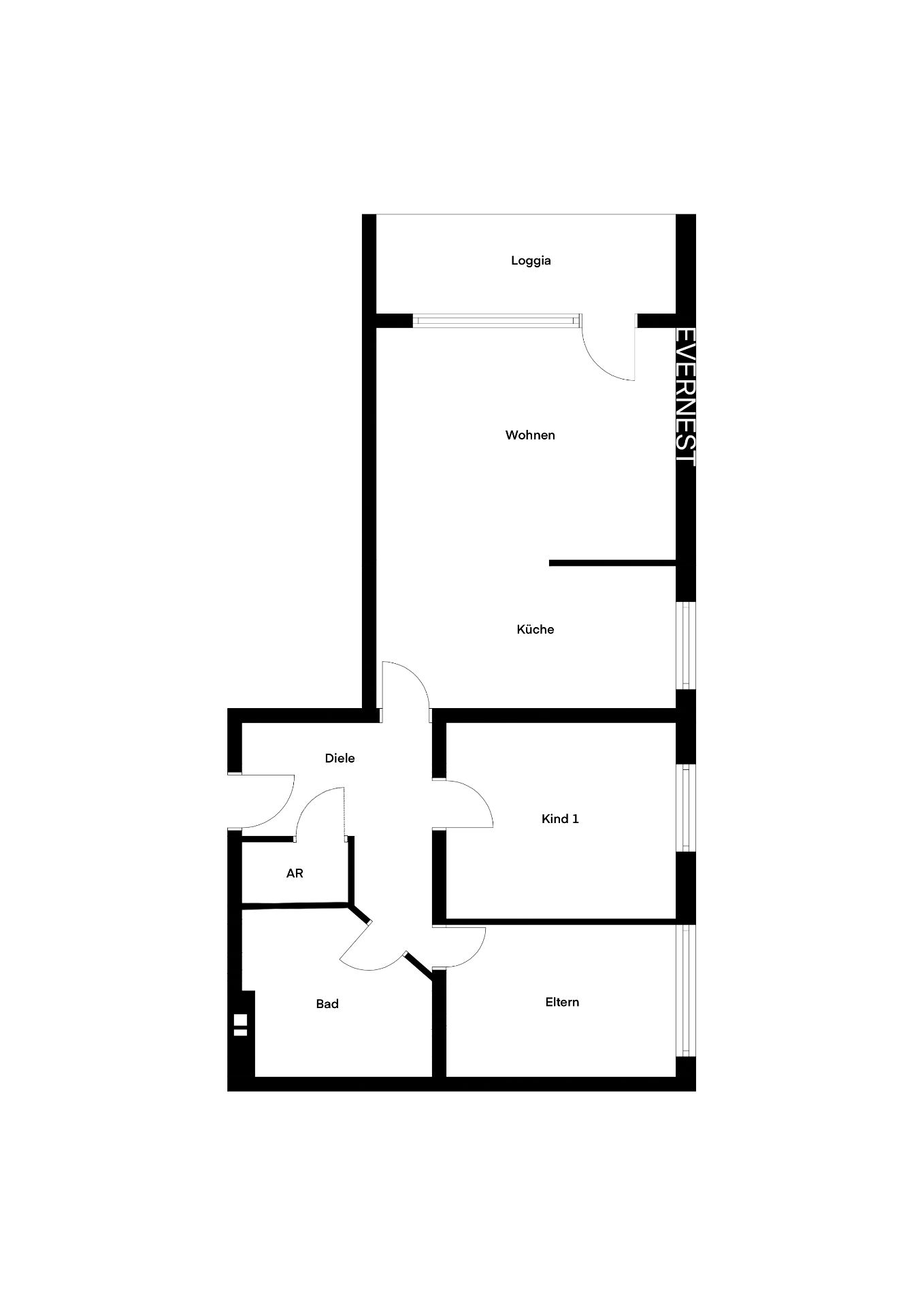 Grundriss einer Wohnung mit Wohnzimmer, Küche, Bad, Elternzimmer, Kinderzimmer und Loggia.