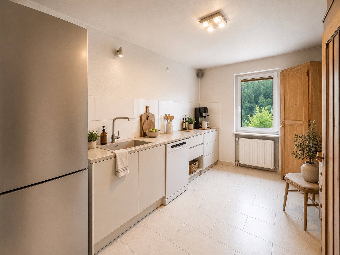 Helle Küche mit weißen Schränken, Spüle, Kühlschrank, Holzschrank und Fenster mit Blick ins Grüne.