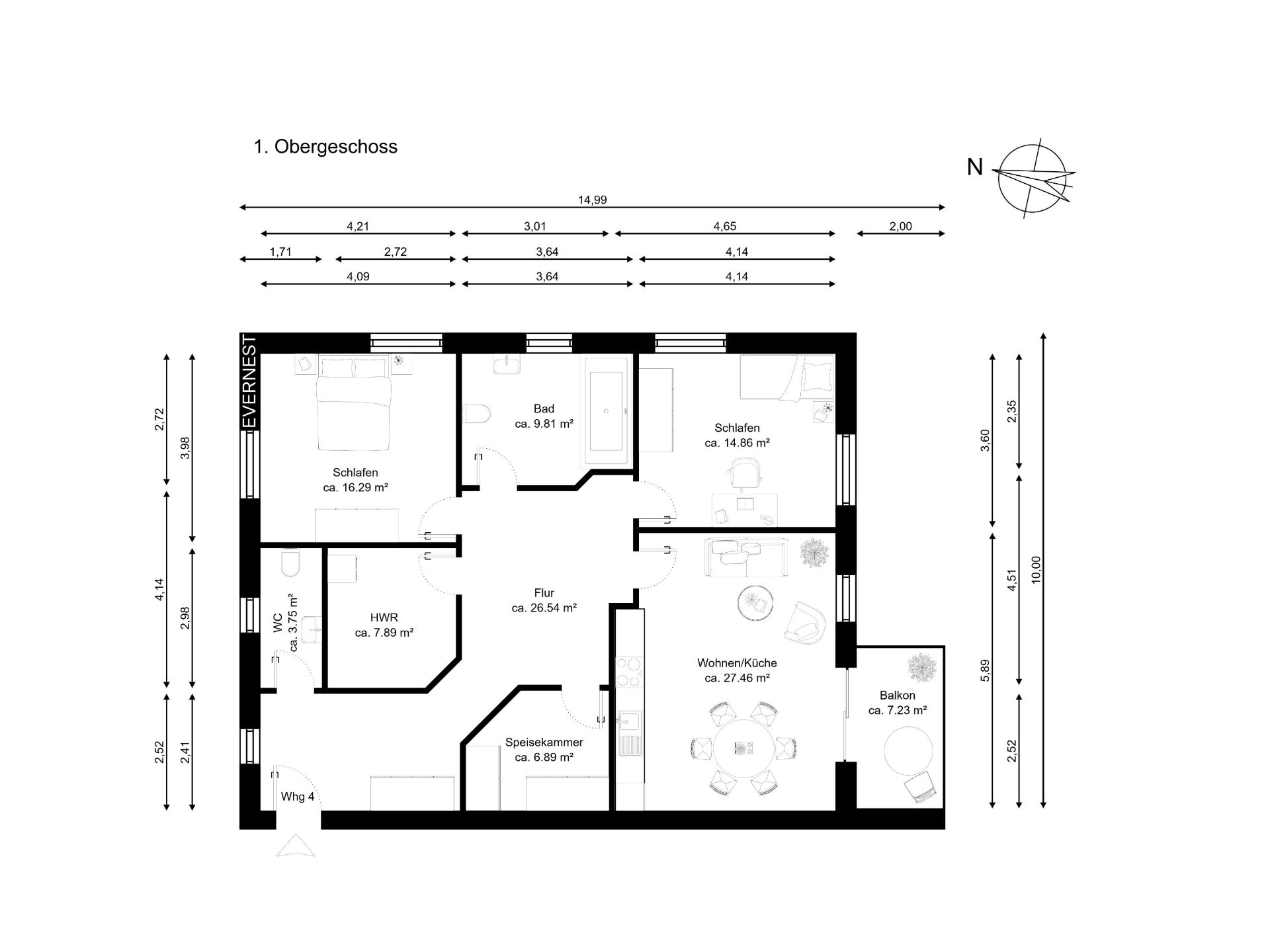 Grundriss einer Wohnung mit zwei Schlafzimmern, Bad, Wohnküche, Flur, Balkon und Abstellräumen.