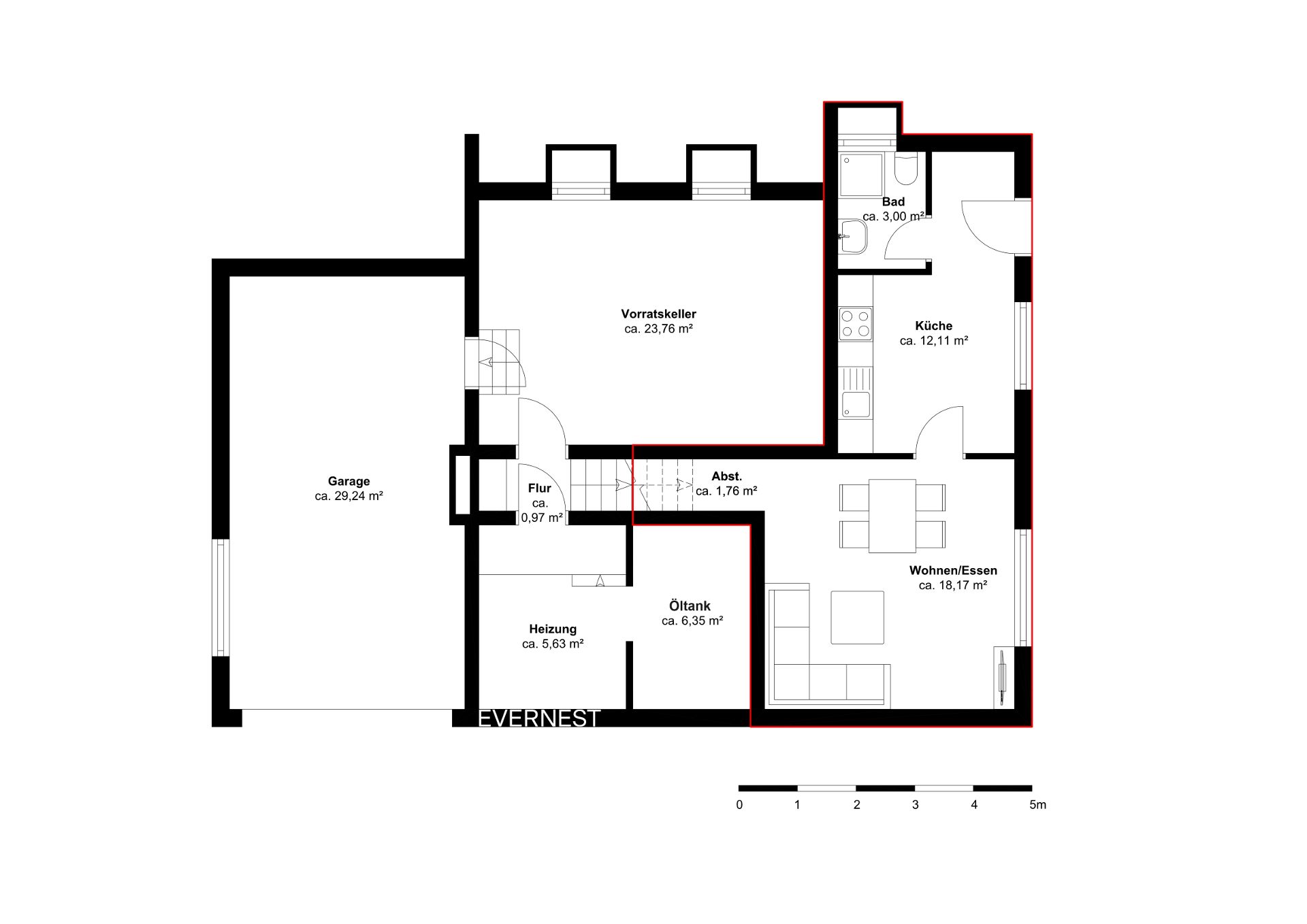 Grundriss mit Garage, Vorratskeller, Heizung, Bad, Küche und Wohn-Essbereich.