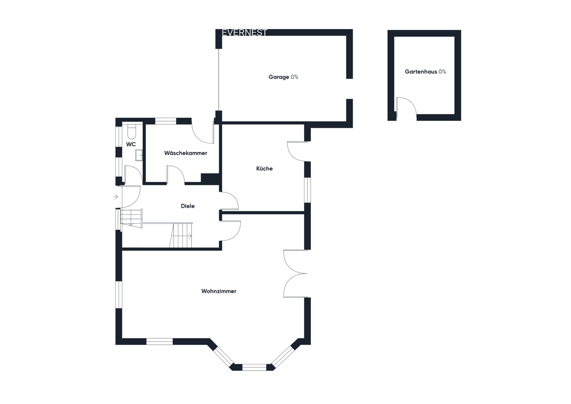 Grundriss mit Wohnzimmer, Küche, Waschküche, WC, Garage und Gartenhaus.