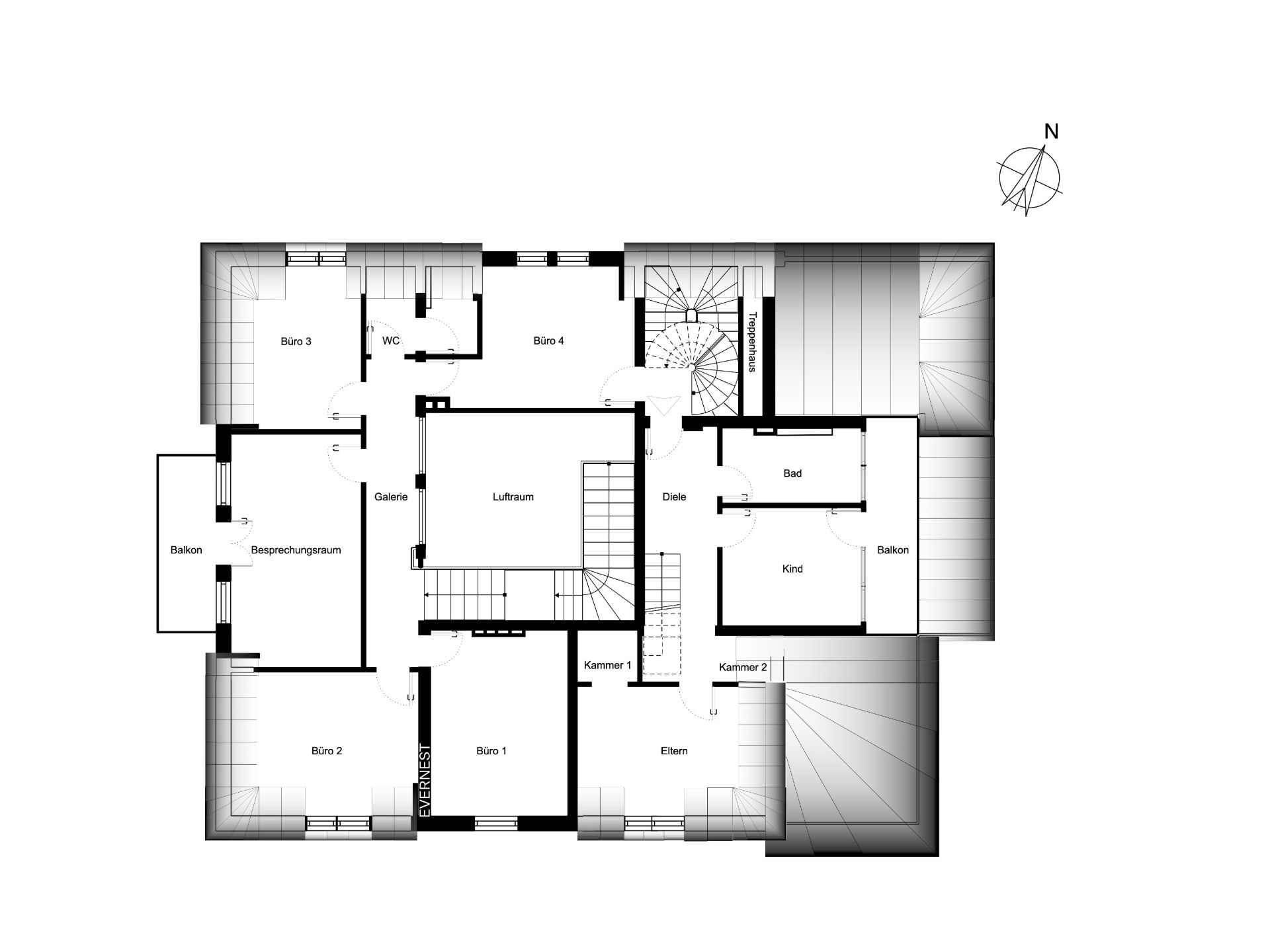 Grundriss eines Wohnhauses mit Büros, Besprechungsraum, Schlafzimmer, Bad, Balkon und Treppenhaus.