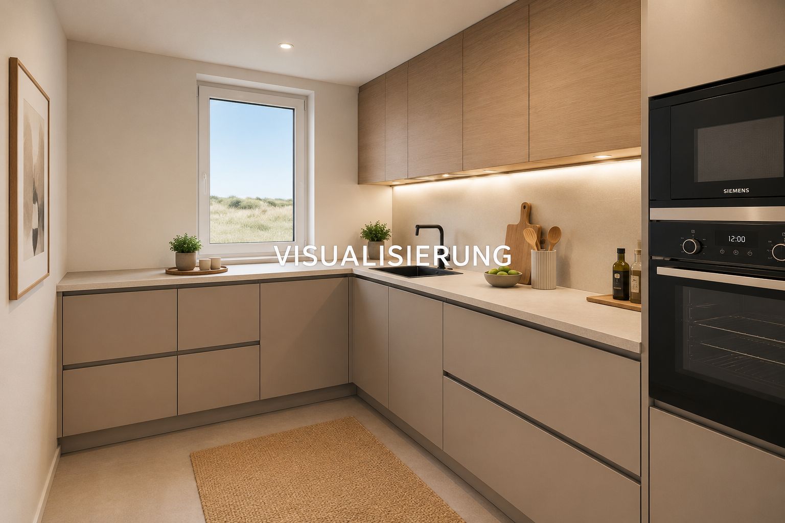 Moderne Einbauküche mit hellen Schränken, Fenster, Einbaugeräten und Arbeitsfläche.