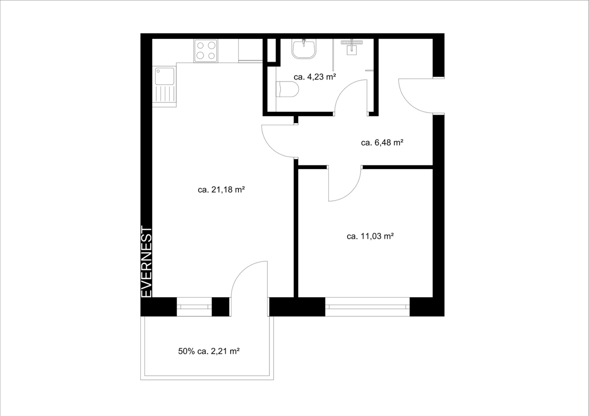 Grundriss einer Wohnung mit Küche, Bad und zwei weiteren Räumen, Flächen in Quadratmetern angegeben.