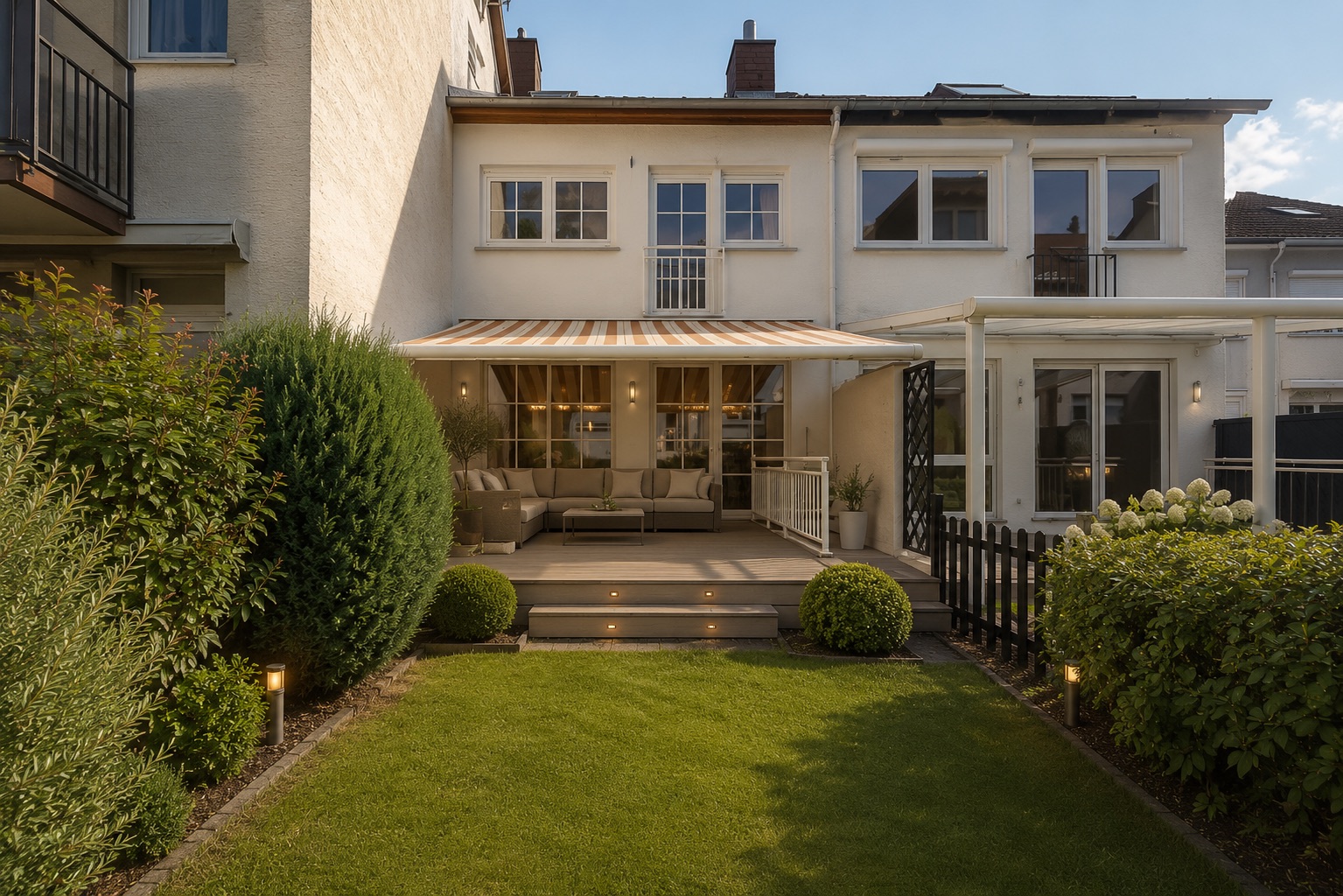 Gepflegter Garten mit Terrasse und Markise vor einem weißen Wohnhaus.