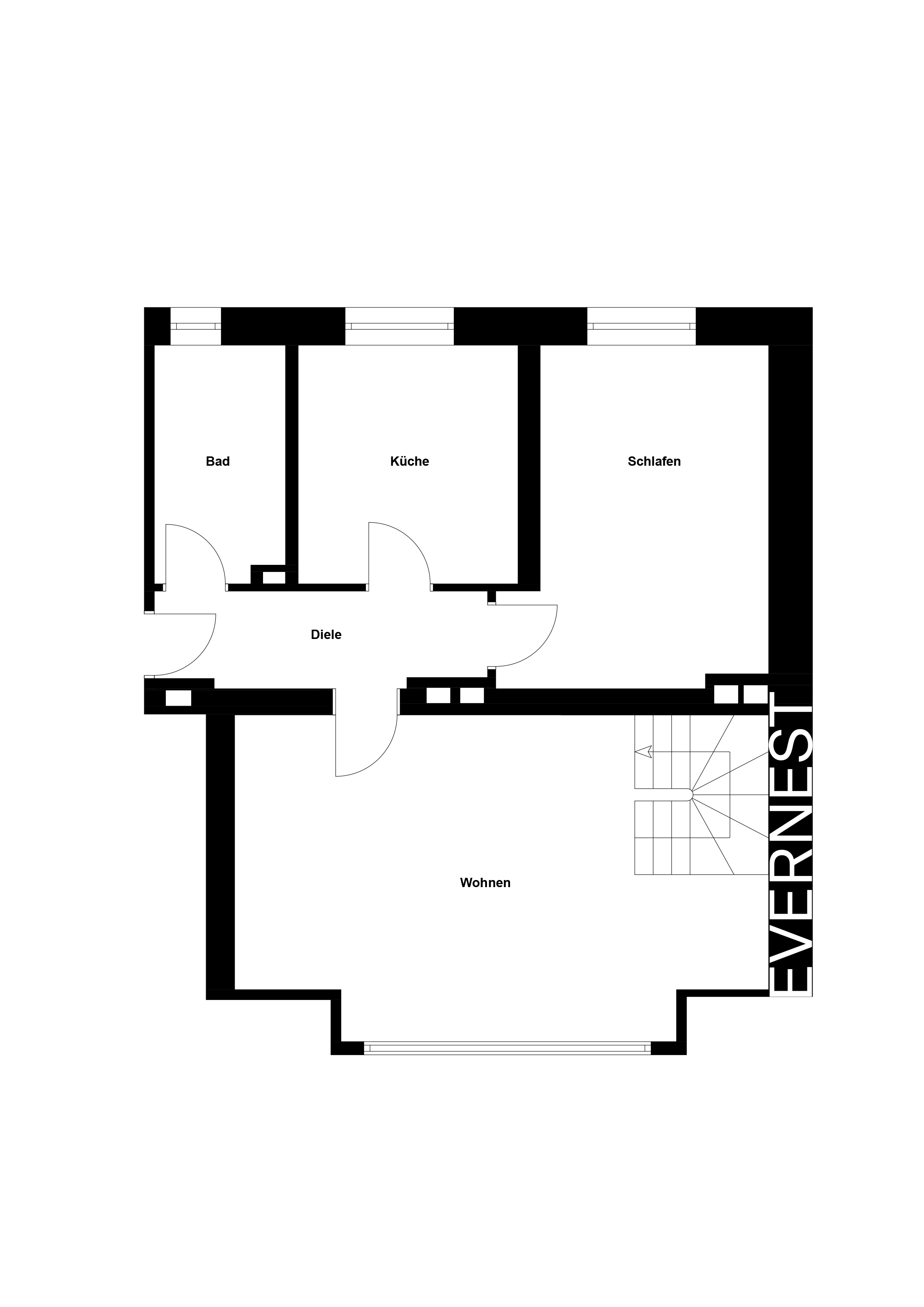 Grundriss einer Wohnung mit Bad, Küche, Schlafzimmer, Diele und Wohnraum.