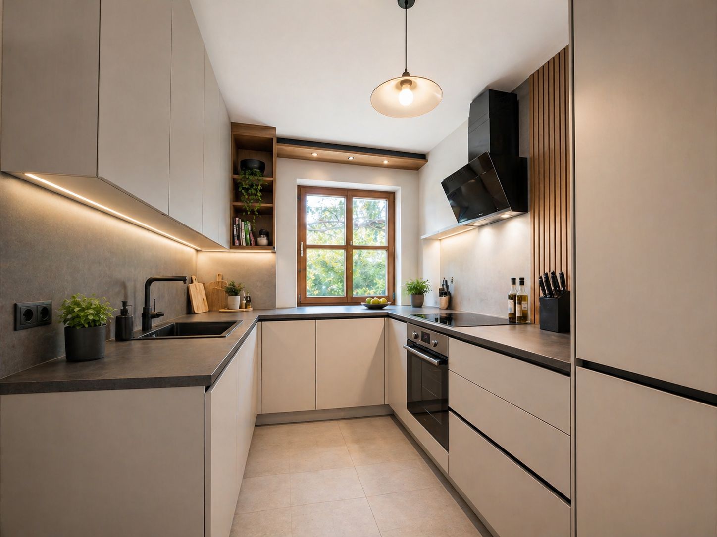 Moderne Küche mit beigen Schränken, großem Fenster, Pflanzen und heller Beleuchtung.