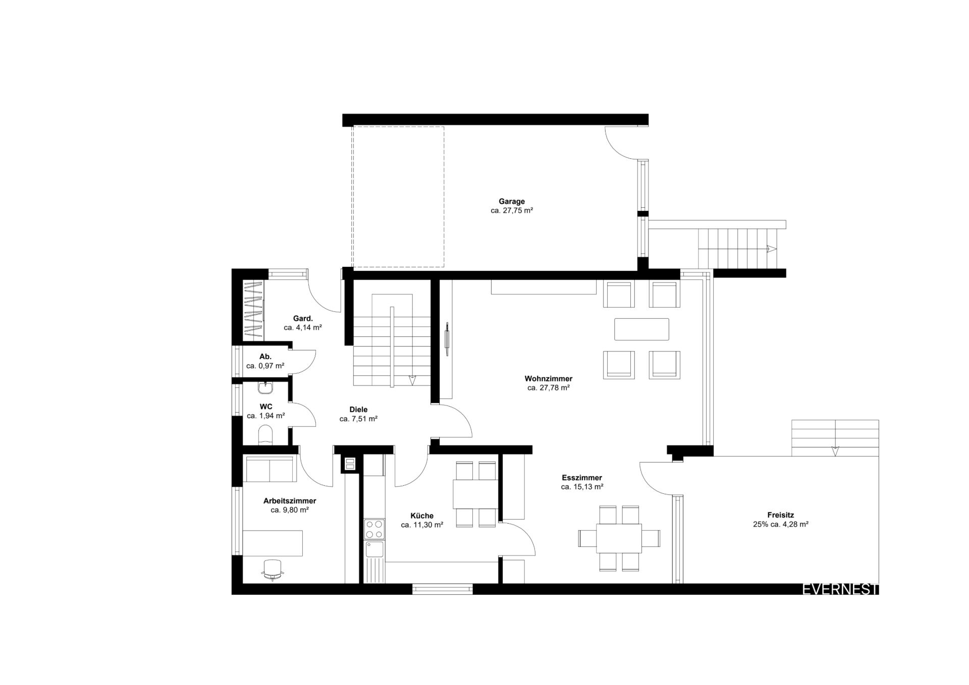 Grundriss eines Wohnhauses mit Wohnzimmer, Küche, Esszimmer, Garage und Terrasse.