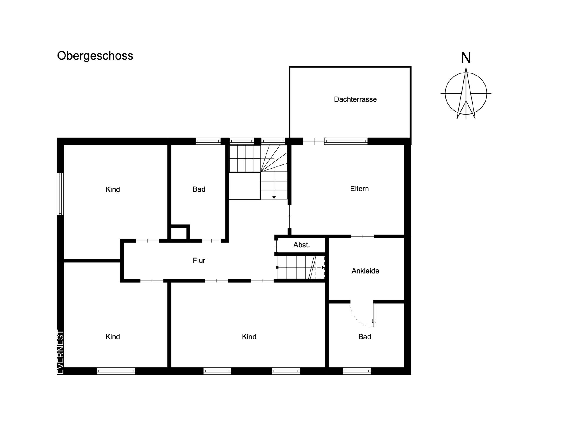 Grundriss des Obergeschosses mit vier Kinderzimmern, Elternzimmer, Ankleide, zwei Bädern und Dachterrasse.