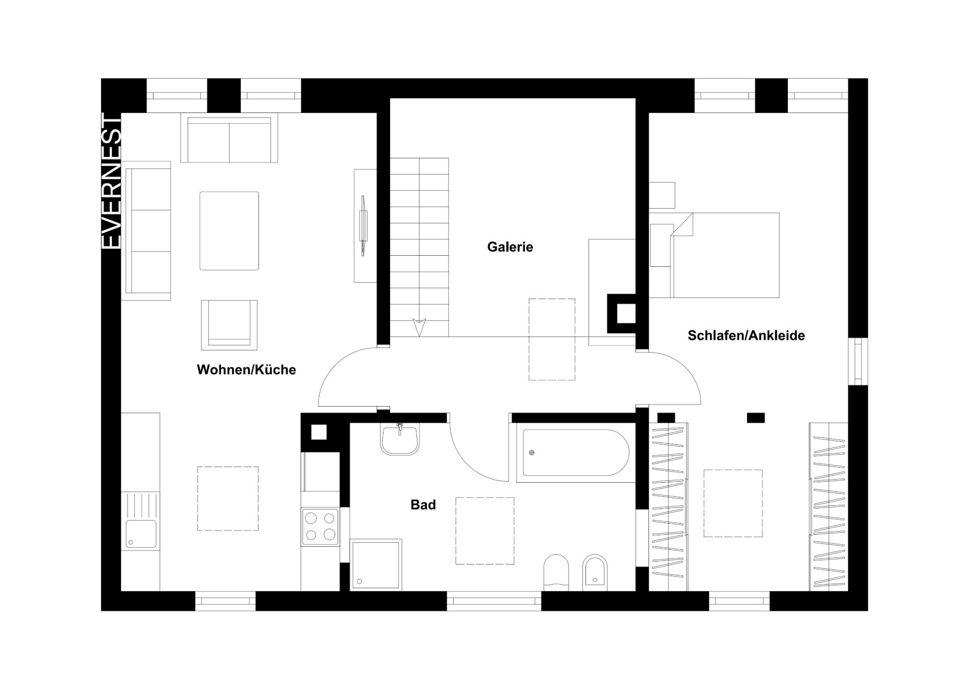 Grundriss mit Wohnküche, Bad, Galerie und Schlafbereich mit Ankleide.
