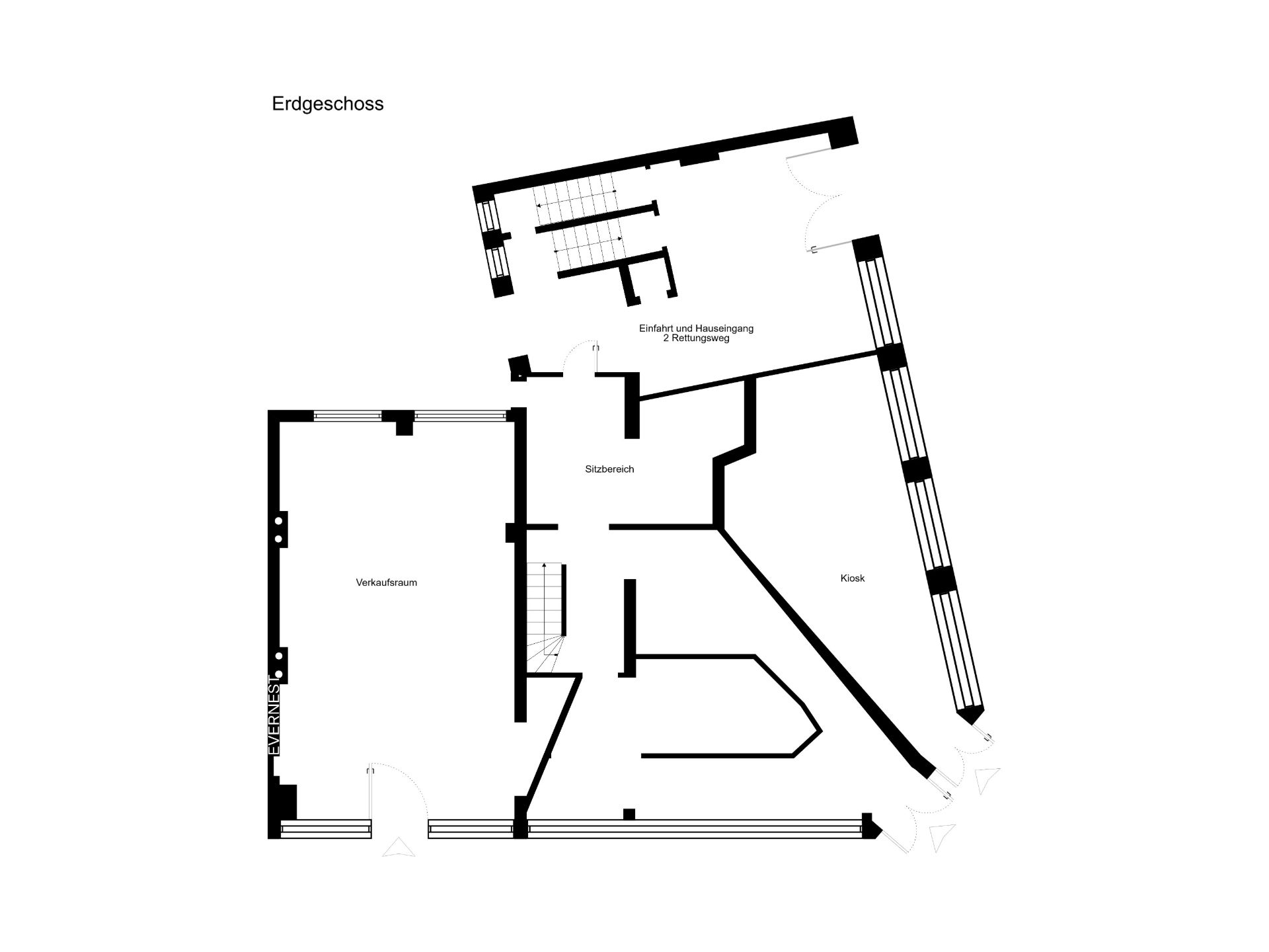 Grundriss des Erdgeschosses mit Verkaufsraum, Sitzbereich und Kiosk.