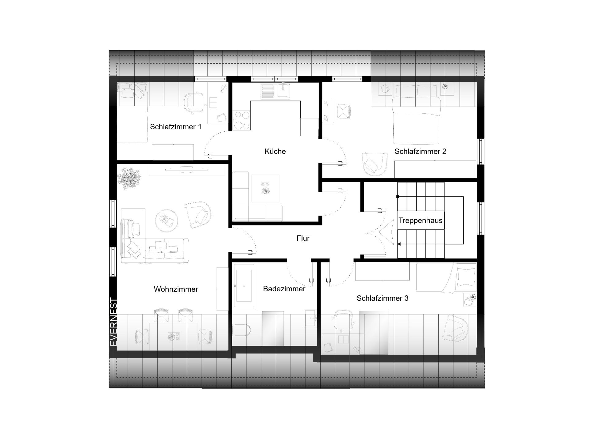 Grundriss einer Wohnung mit Wohnzimmer, Küche, drei Schlafzimmern, Bad und Treppenhaus.