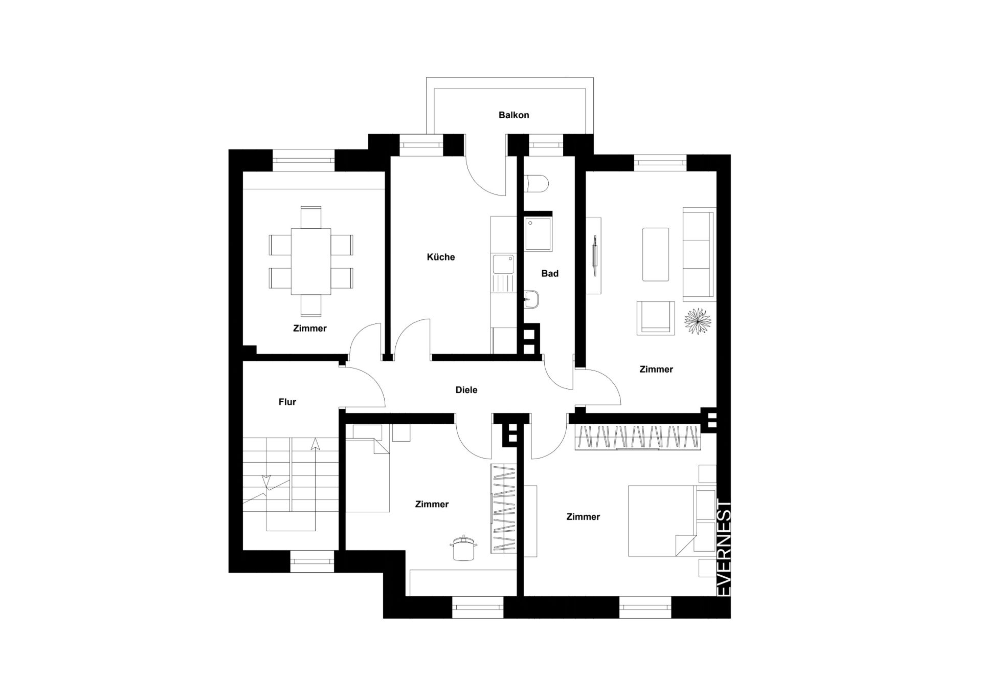 Grundriss einer Wohnung mit vier Zimmern, Küche, Bad, Flur, Diele und Balkon.