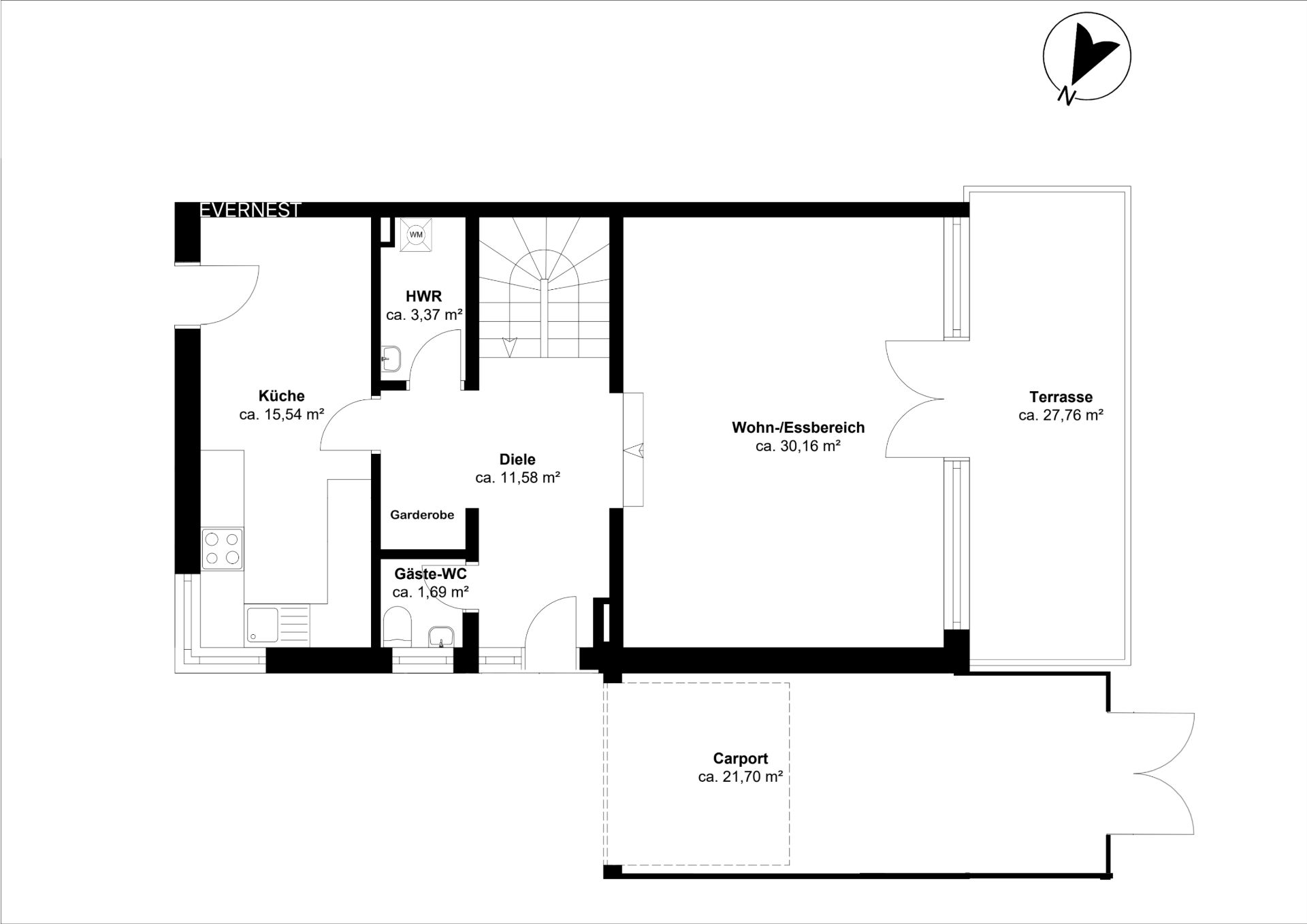 Grundriss mit Küche, Wohn-/Essbereich, Diele, Gäste-WC, HWR, Terrasse und Carport.