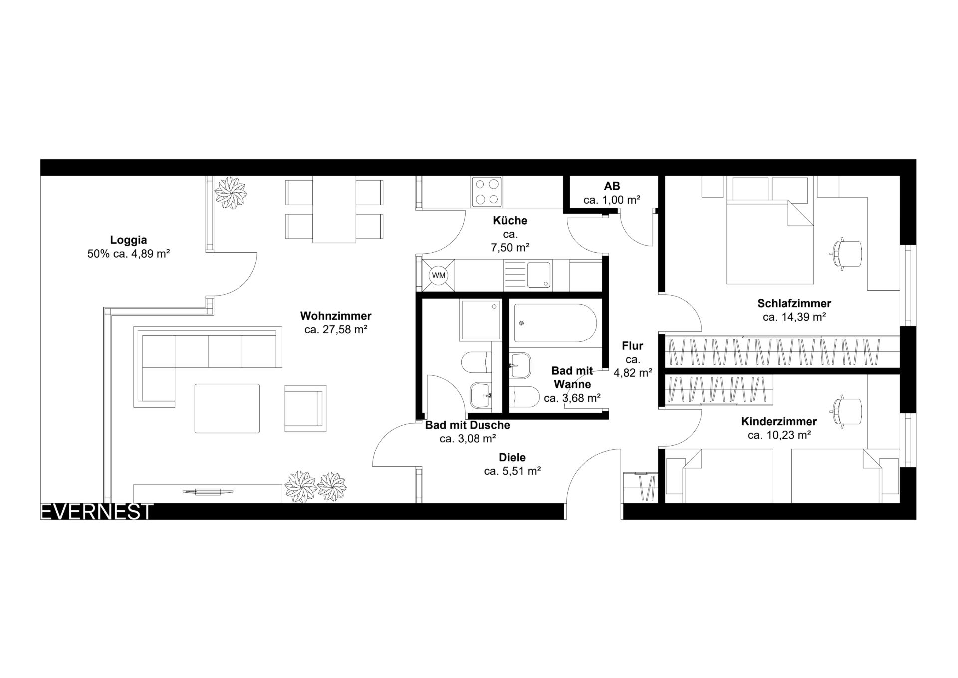 Grundriss einer Wohnung mit Wohnzimmer, Küche, Schlafzimmer, Kinderzimmer, Bad und Loggia.