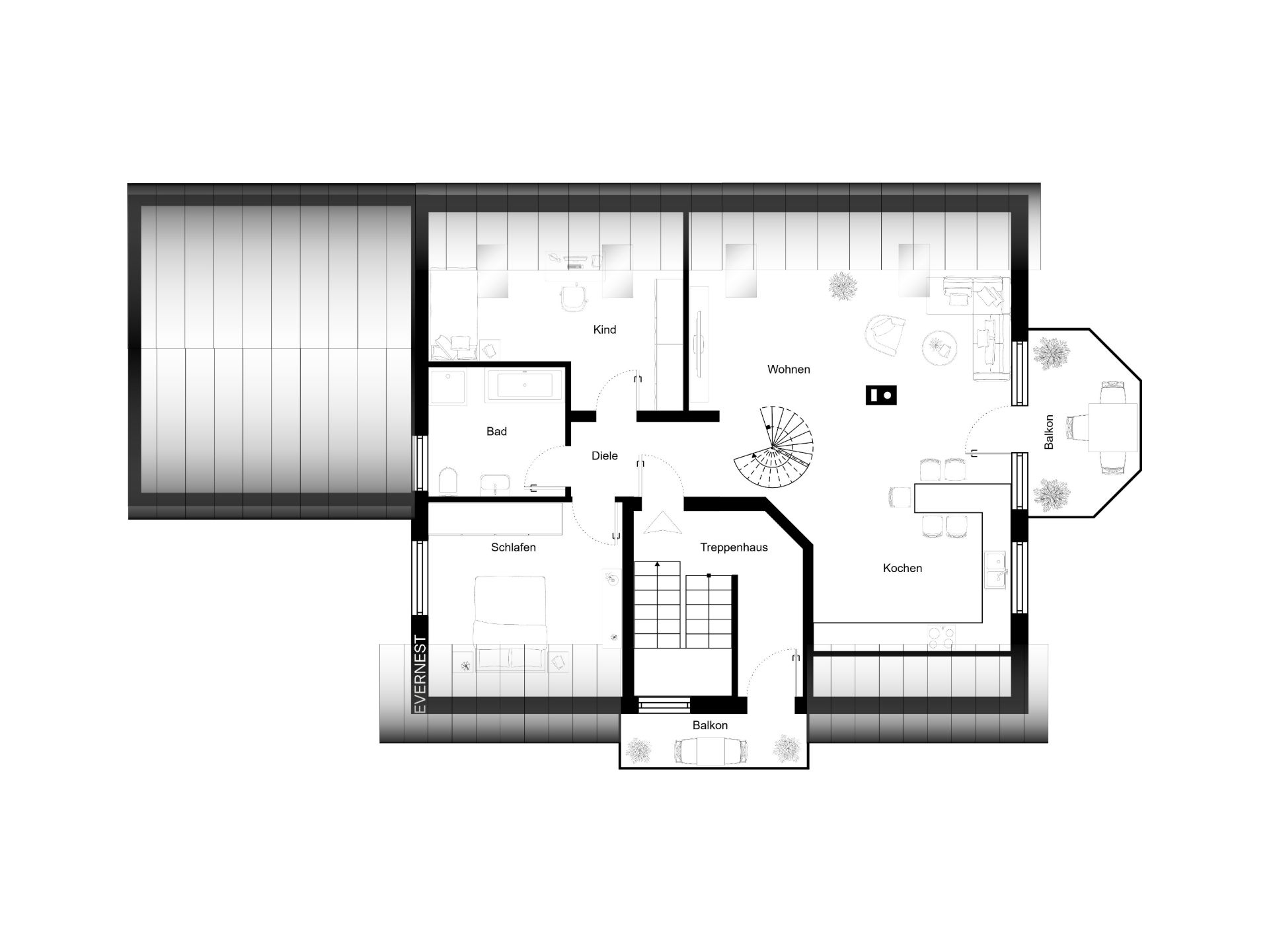 Grundriss einer Wohnung mit Schlafzimmer, Kinderzimmer, Bad, Küche, Wohnbereich, Balkon und Terrasse.