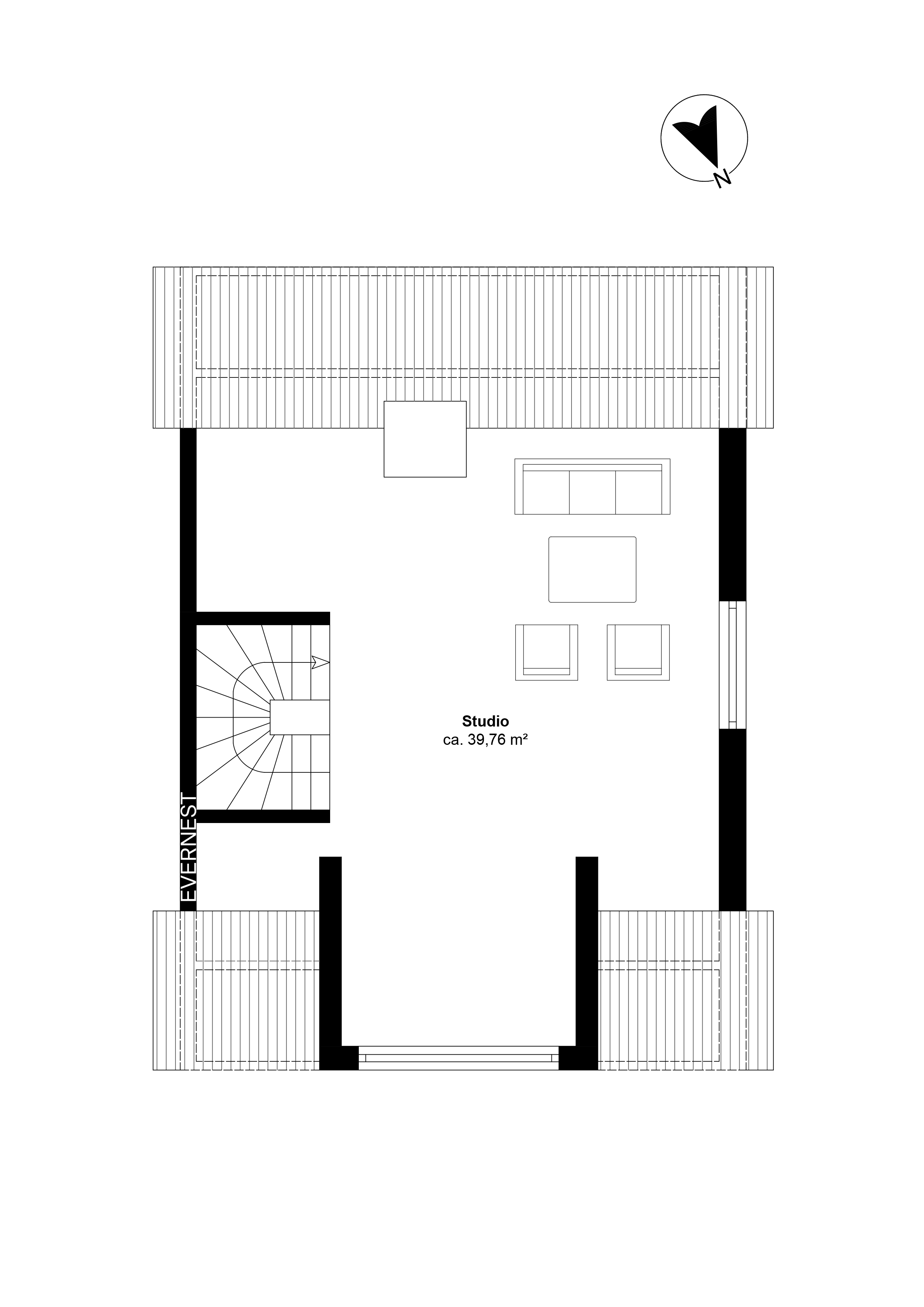 Grundriss eines Studios mit Treppe, Sofa, zwei Sesseln und Tisch, ca. 39,76 m² groß.