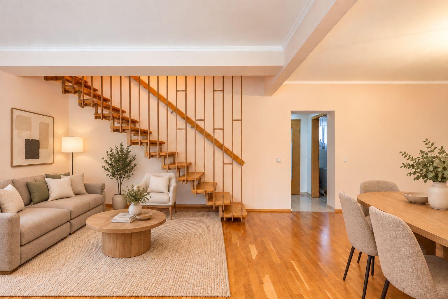 Modernes Wohnzimmer mit Sofa, Sessel, Holztreppe und Esstisch auf Holzfußboden.