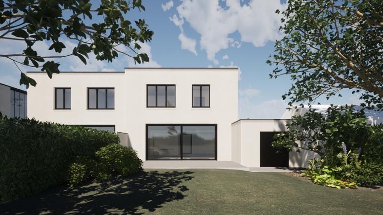 Modernes weißes Wohnhaus mit großen Fenstern und Garten, umgeben von Bäumen und Büschen.