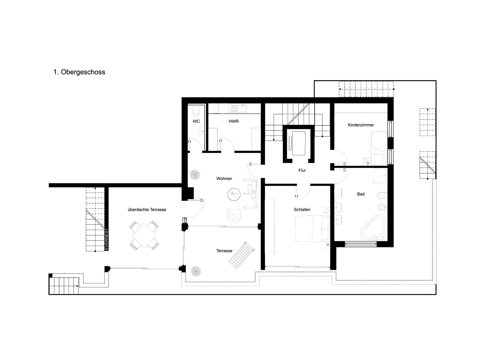 Grundriss des 1. Obergeschosses mit Wohnzimmer, Schlafzimmer, Bad, Kinderzimmer und Terrasse.