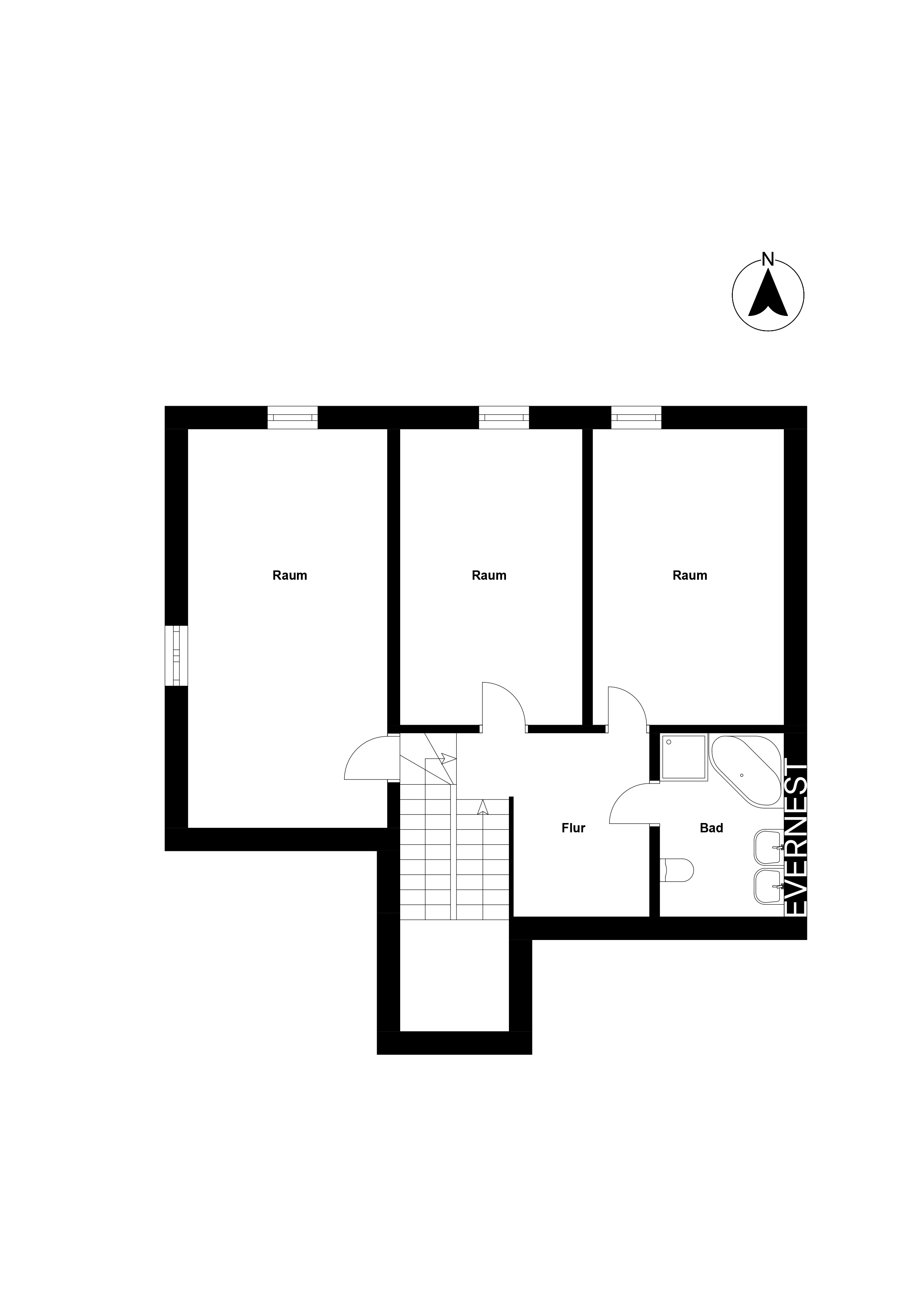 Grundriss mit drei Räumen, Flur, Treppe und Bad mit Badewanne und Toilette.