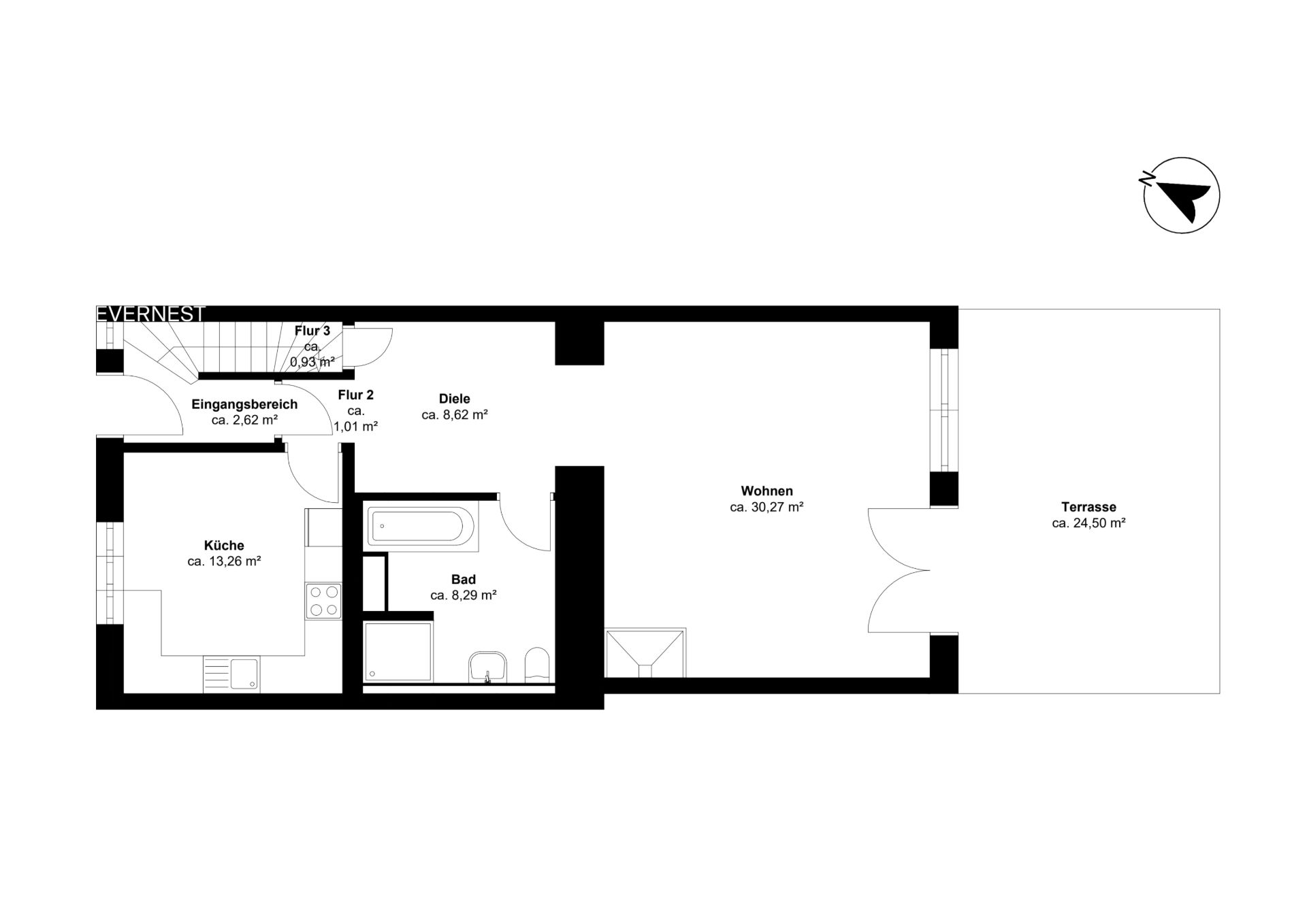 Grundriss einer Wohnung mit Küche, Bad, Wohnraum, Diele und Terrasse.