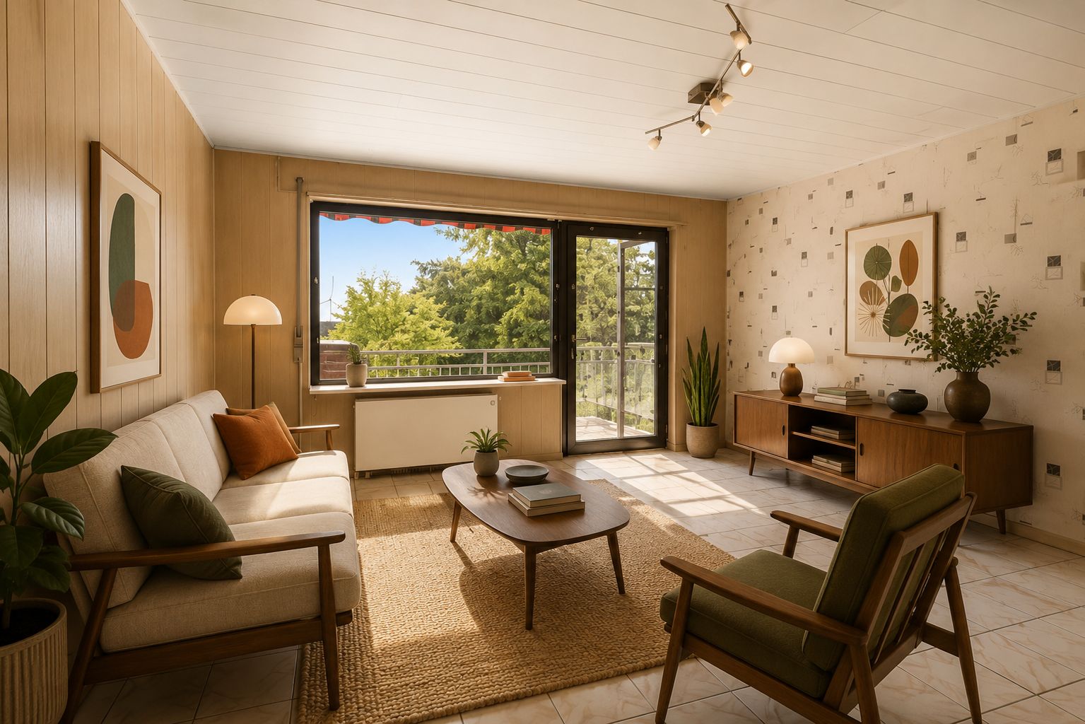 Helles Wohnzimmer mit Sofa, Sessel, Couchtisch und großem Fenster zum Balkon.