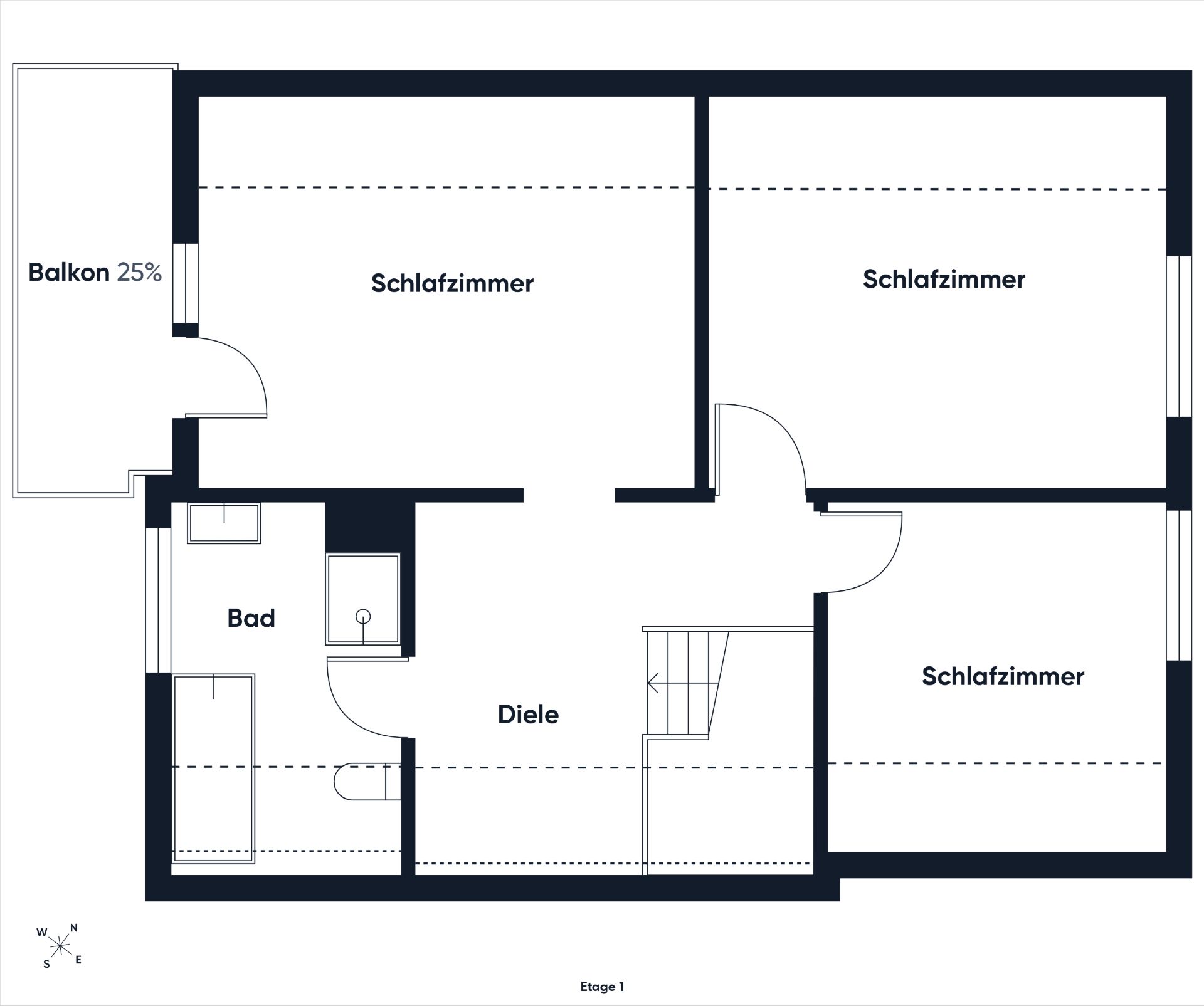 Grundriss mit drei Schlafzimmern, Bad, Diele und Balkon.