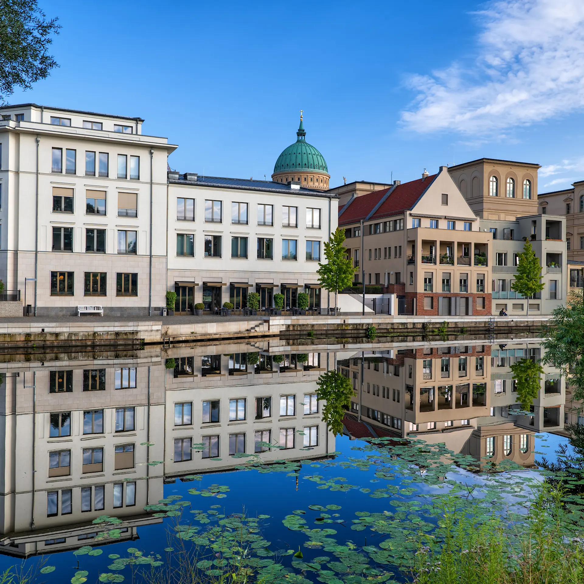 Mehrstöckige Wohnhäuser spiegeln sich in einem ruhigen Fluss, vorne Seerosen, blauer Himmel.