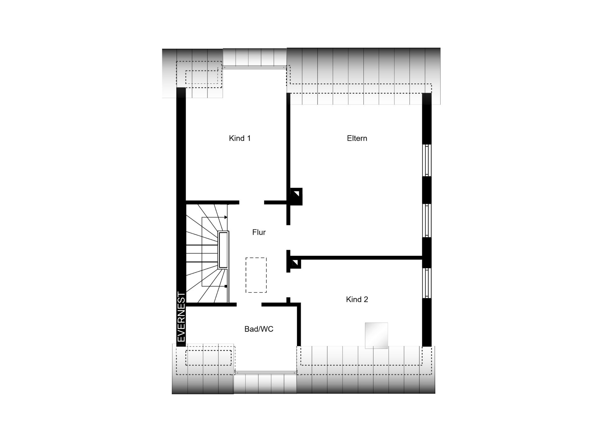 Grundriss mit drei Zimmern, Flur, Bad/WC und Treppe in einem Wohnhaus.