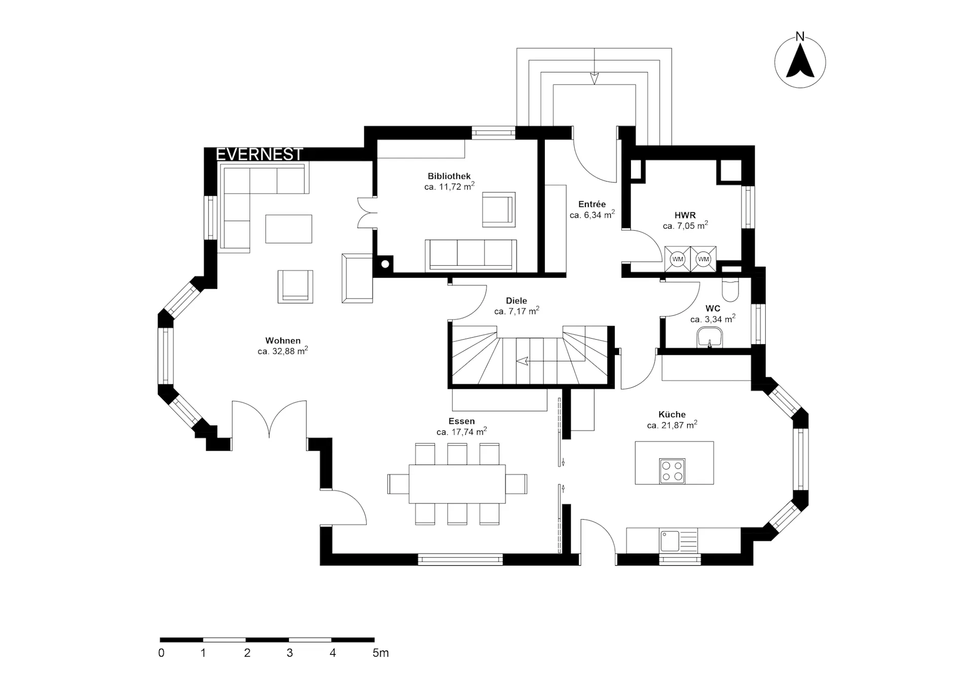 Grundriss eines Wohnhauses mit Wohn-, Esszimmer, Küche, WC, Bibliothek und Hauswirtschaftsraum.