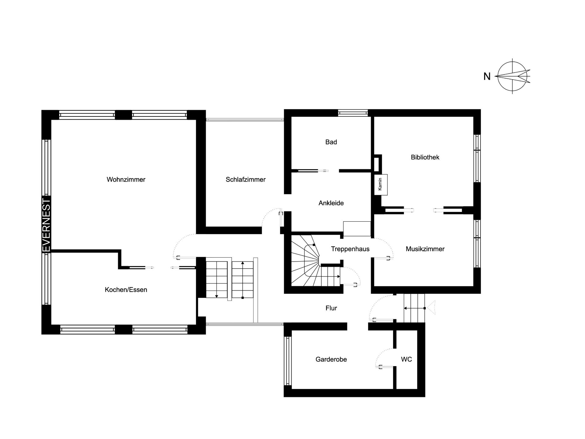 Grundriss eines Hauses mit Wohnzimmer, Schlafzimmer, Bad, Bibliothek und weiteren Räumen.