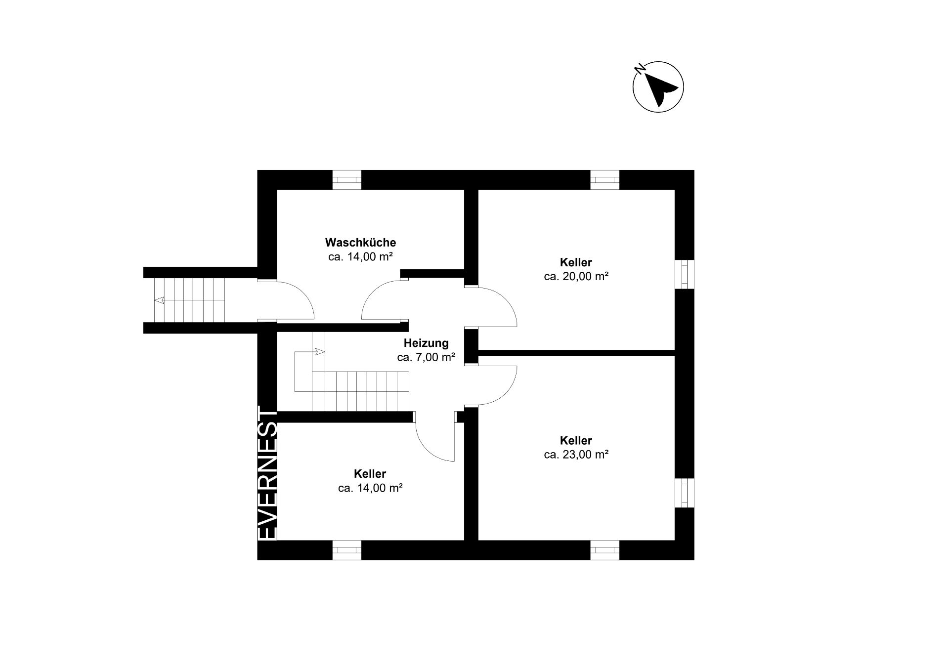 Grundriss mit Waschküche, Heizungsraum und drei Kellerräumen, Größen sind angegeben.