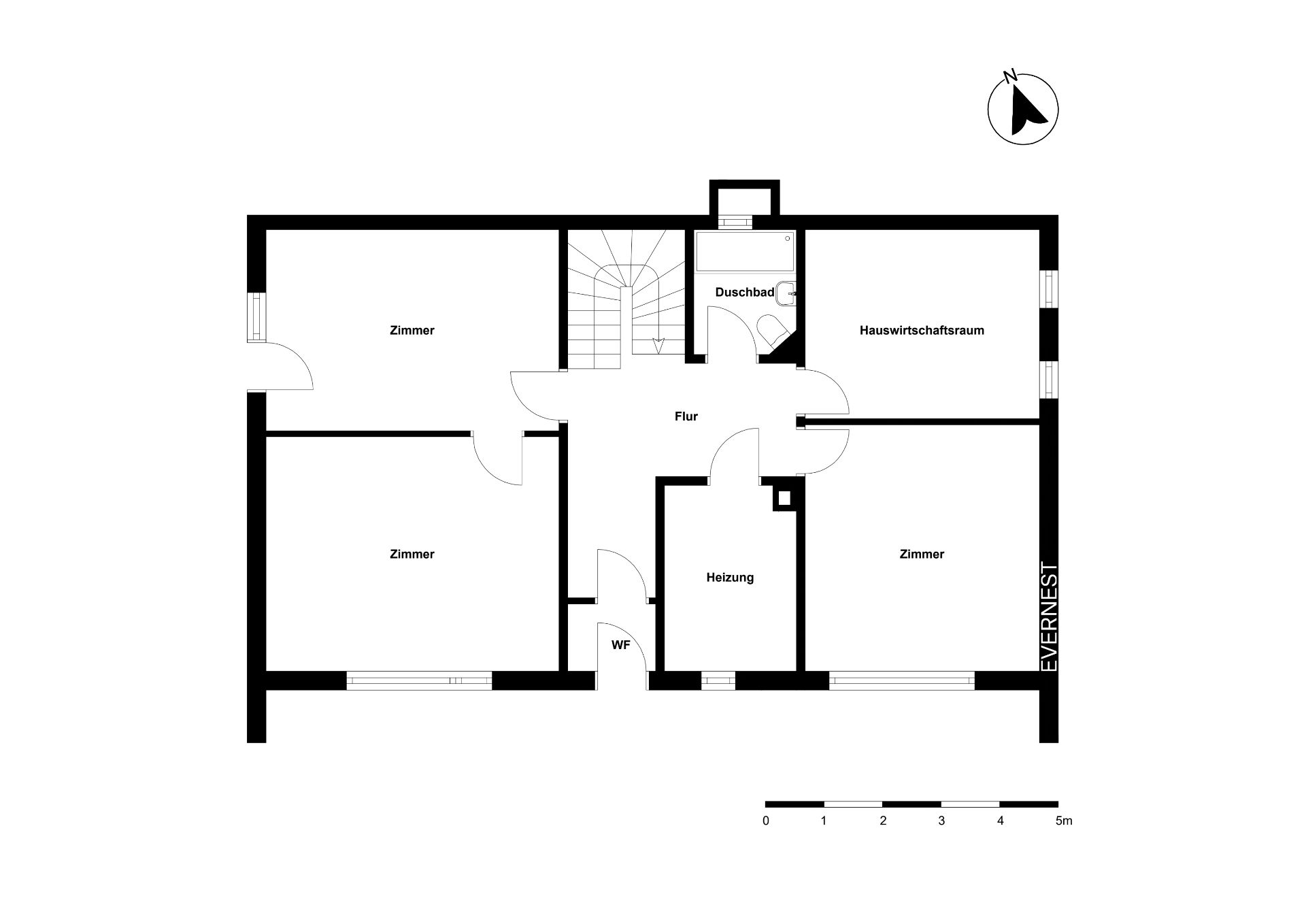 Grundriss mit Flur, drei Zimmern, Duschbad, Hauswirtschaftsraum und Heizungsraum.
